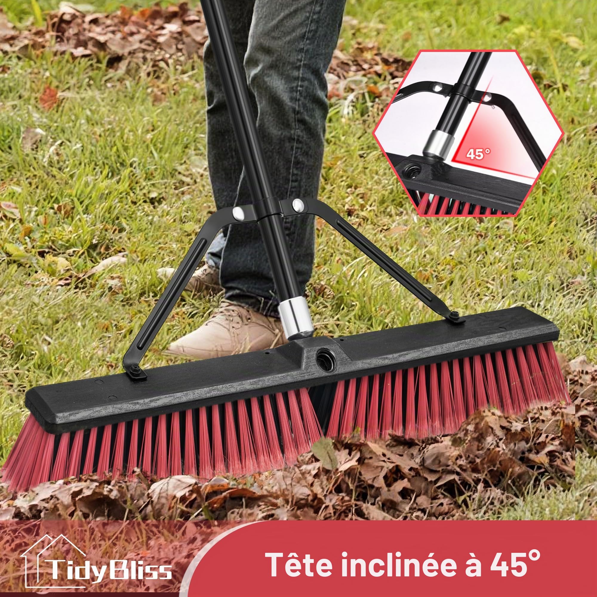 TidyBliss 60 cm Balai Brosse Exterieur, Grande Brush Commerciale à Poils Durs avec Manche Long de 160 cm pour Garage, Atelier, Jardin, Cour, Terrasse, Rue, Entrepôt, Pelouse, Allée (Rouge)