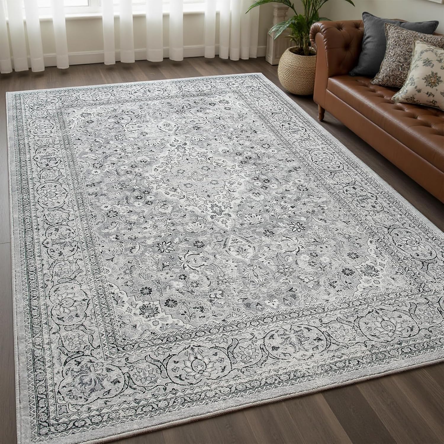 Tapis de chambre lavable en machine 200x300 antidérapant gris oriental