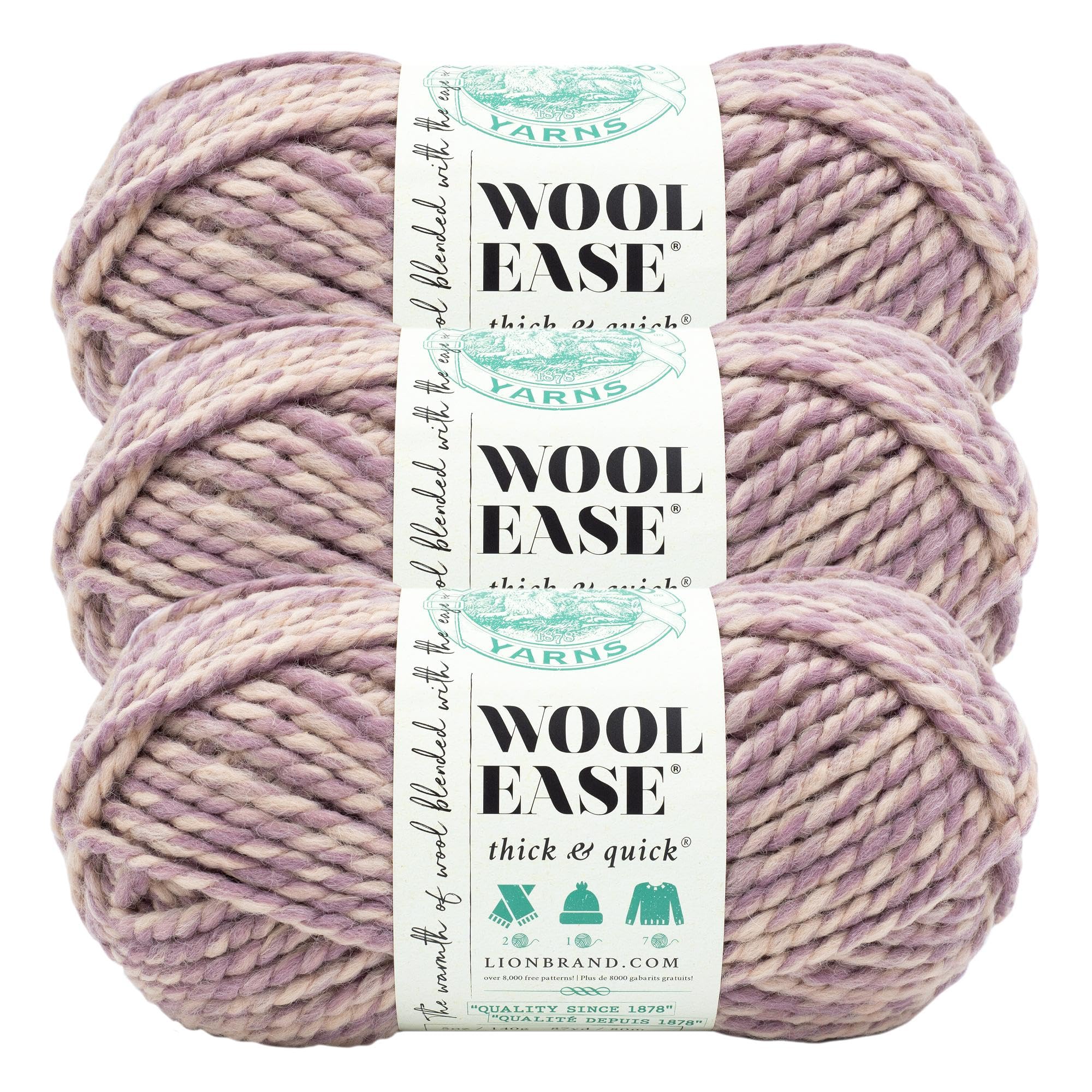 Lion Brand Yarn, Wool-Ease Thick &amp; Quick Yarn, Bubbles, Pink Cream, 3 Pack