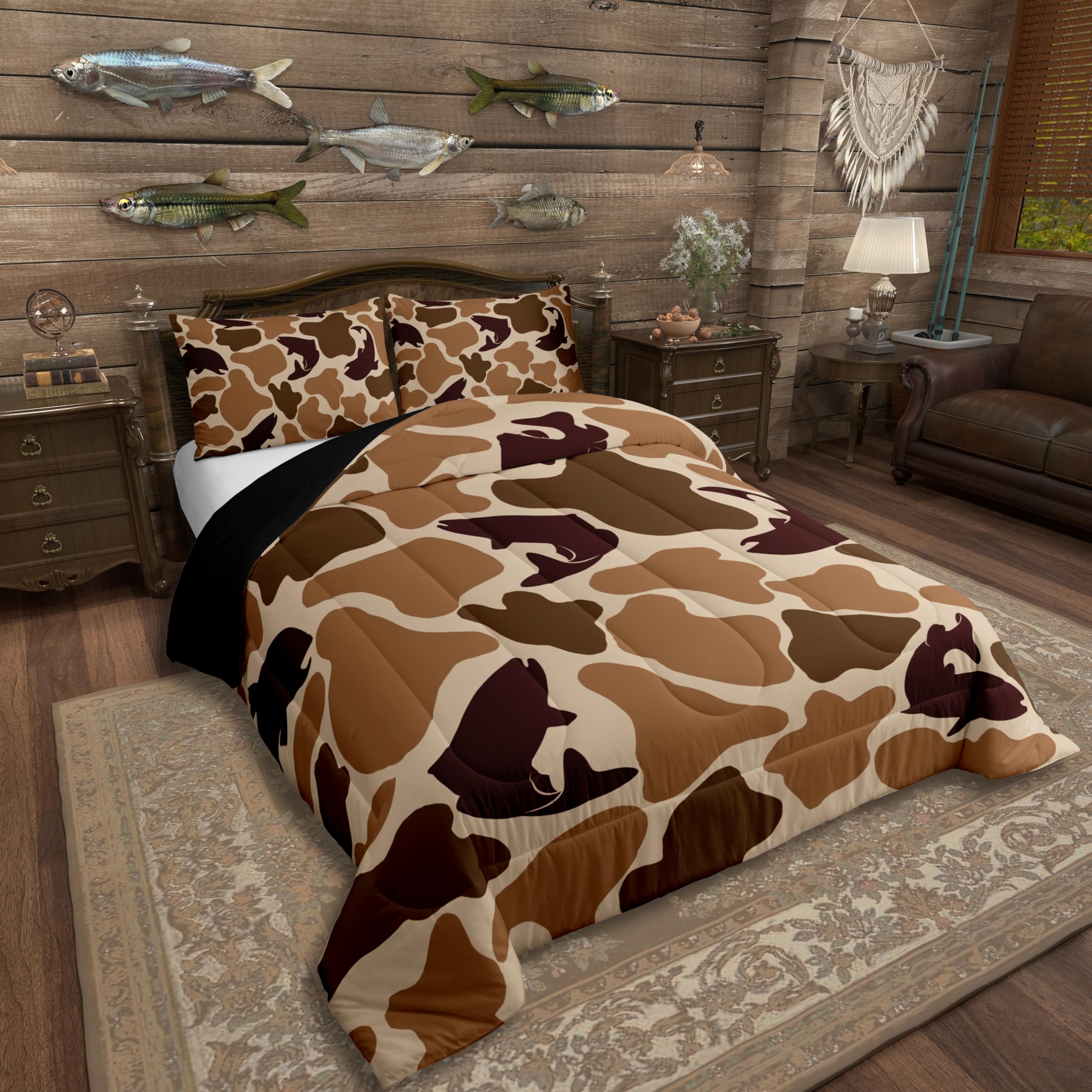 Erosebridal Pike Fish Bedding Set Twin Big Pike Fish Comforter Set 2Pcs Wildlife Camo Bedding Comforter Sets Farmhouse Fishing Down Comforter Vintage Brown Decor Quilt for Kids Girls