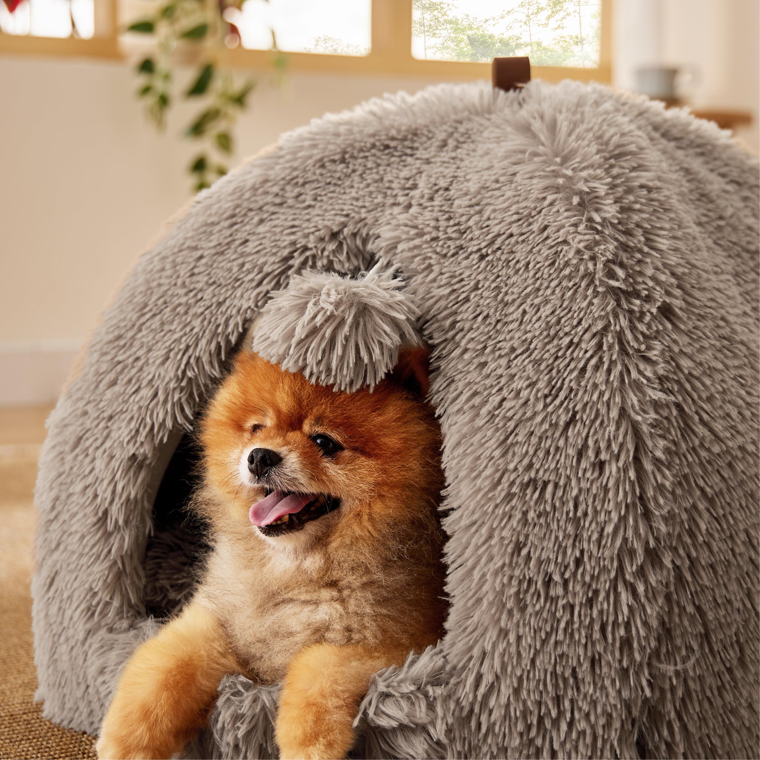 Bedsure Cuccia per gatti grande - 44x44x44 cm Casetta per gatti in peluche per interni con cuscino rimovibile e giocattolo appeso, lettino per gatti lavabile, cammello