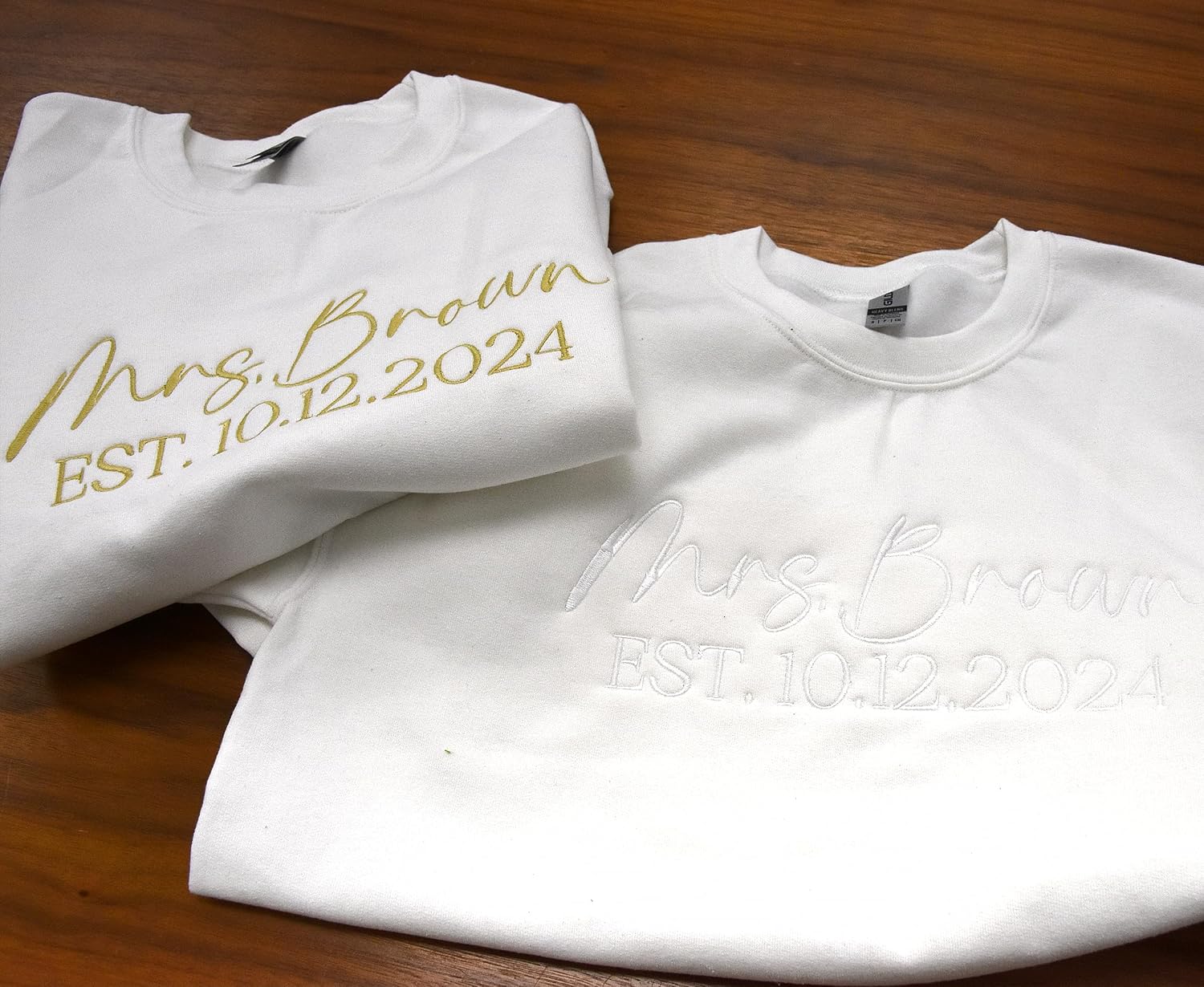 TEEAMORE Custom Mrs Est Embroidered Sweatshirt Personalized Embroidery Add Your Text Name on Sleeve Crewneck
