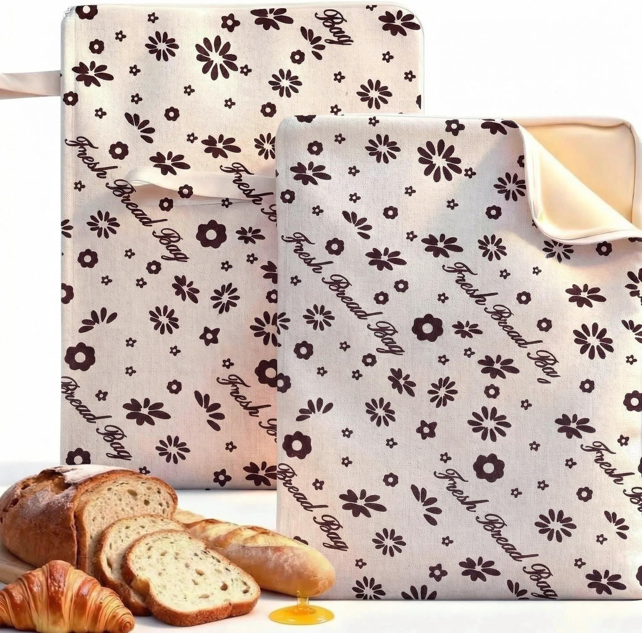 2 Pack Extra Large Beeswax Bread Bags with Zip Closure – Reusable Cotton Linen Bread Storage Bags with Natural Beeswax Lining for Sourdough & Artisan Loaves (zipper flower)
