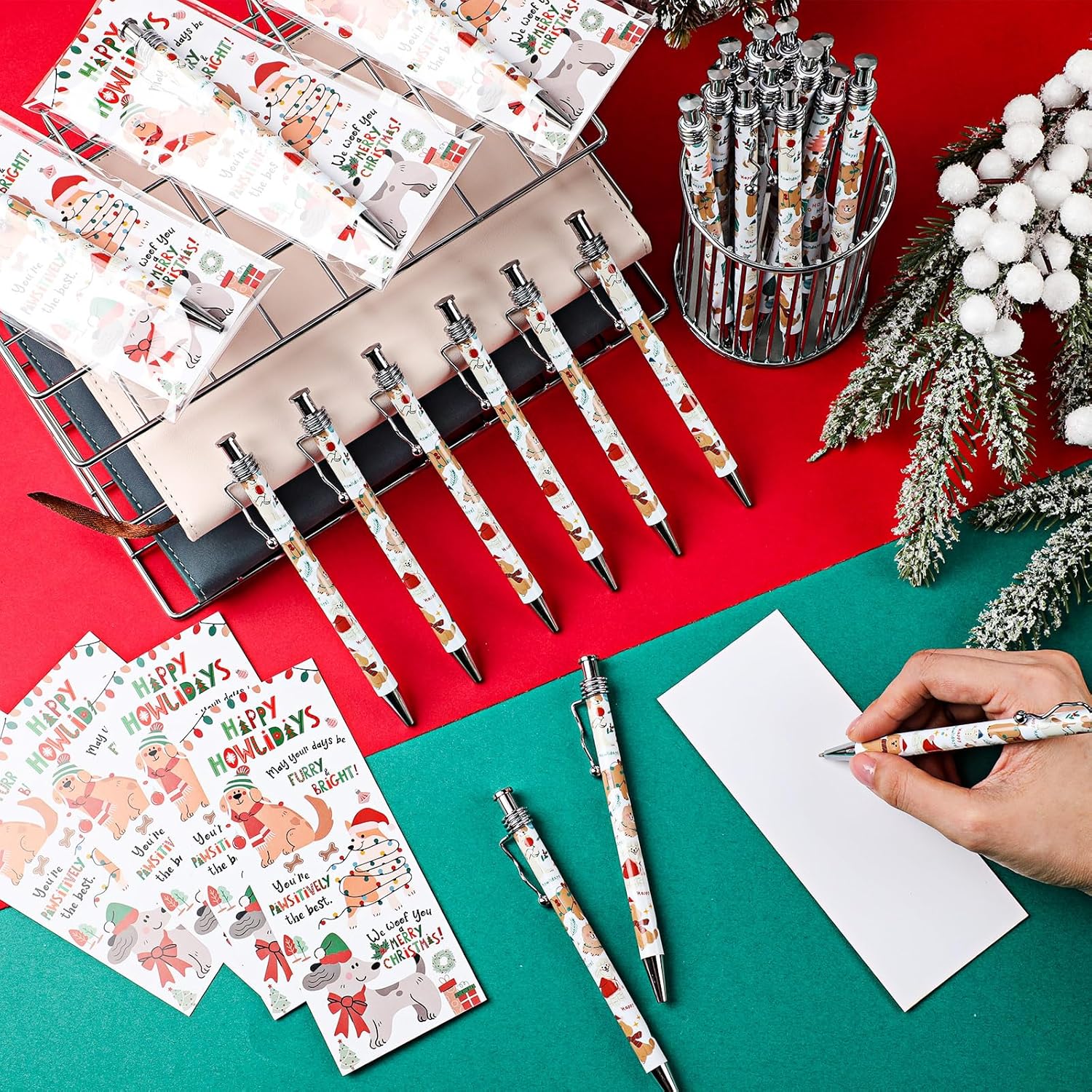 AmazingSpark 100 Sets Dog Christmas Pens Bulk Puppy Ballpoint Pens with Greeting Cards Bookmark Novelty Cute Pet Lover Thank You Gift for Dog Groomer Friend Christmas Birthday Party Favor