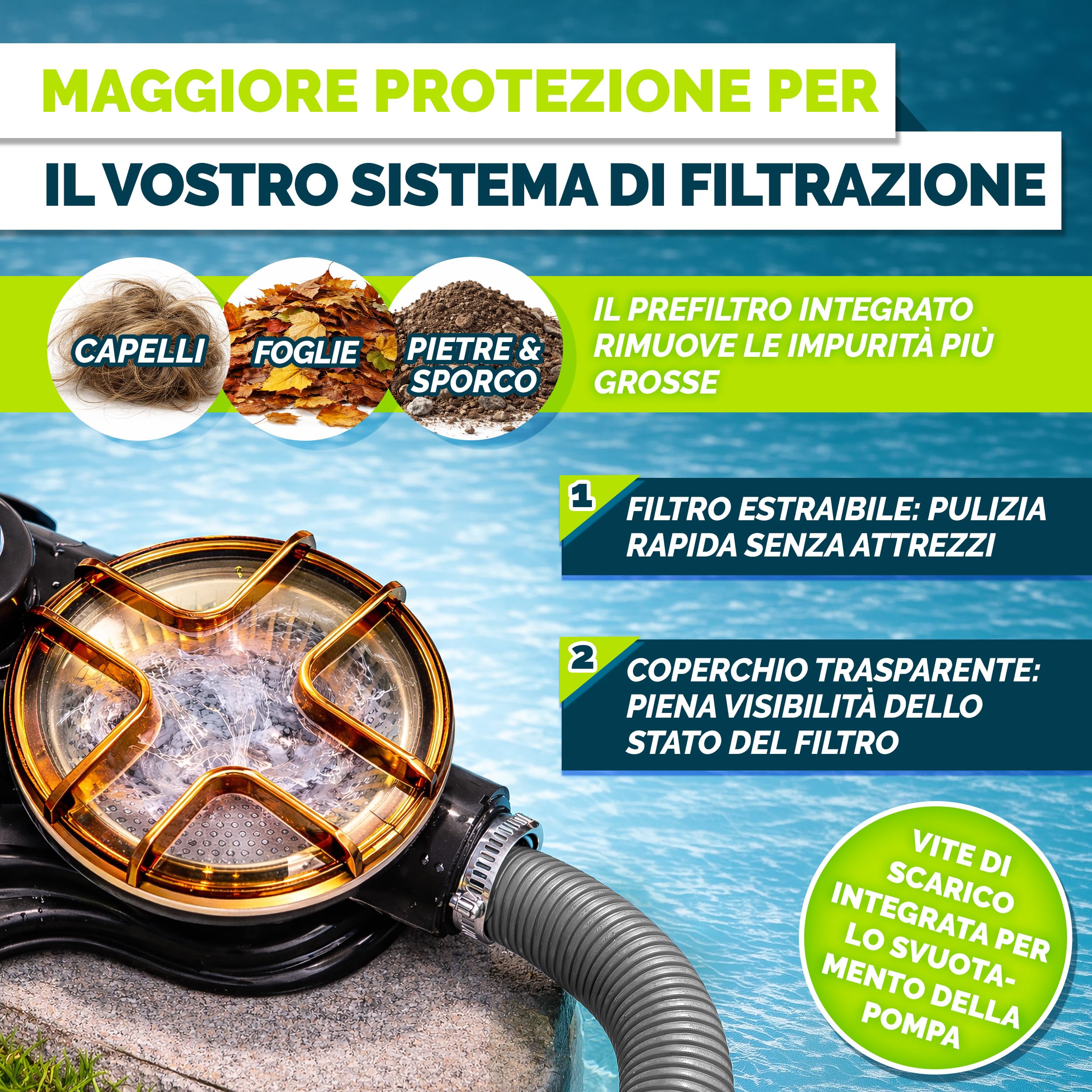 tillvex Pompa Filtro Piscina Portata 13.200L/h fino 40.000L | 7 funzioni filtrazione | Adattatore 2in1 Ø32-38mm + indicatore pressione | Filtro sabbia piscine (Bianco/Arancione)