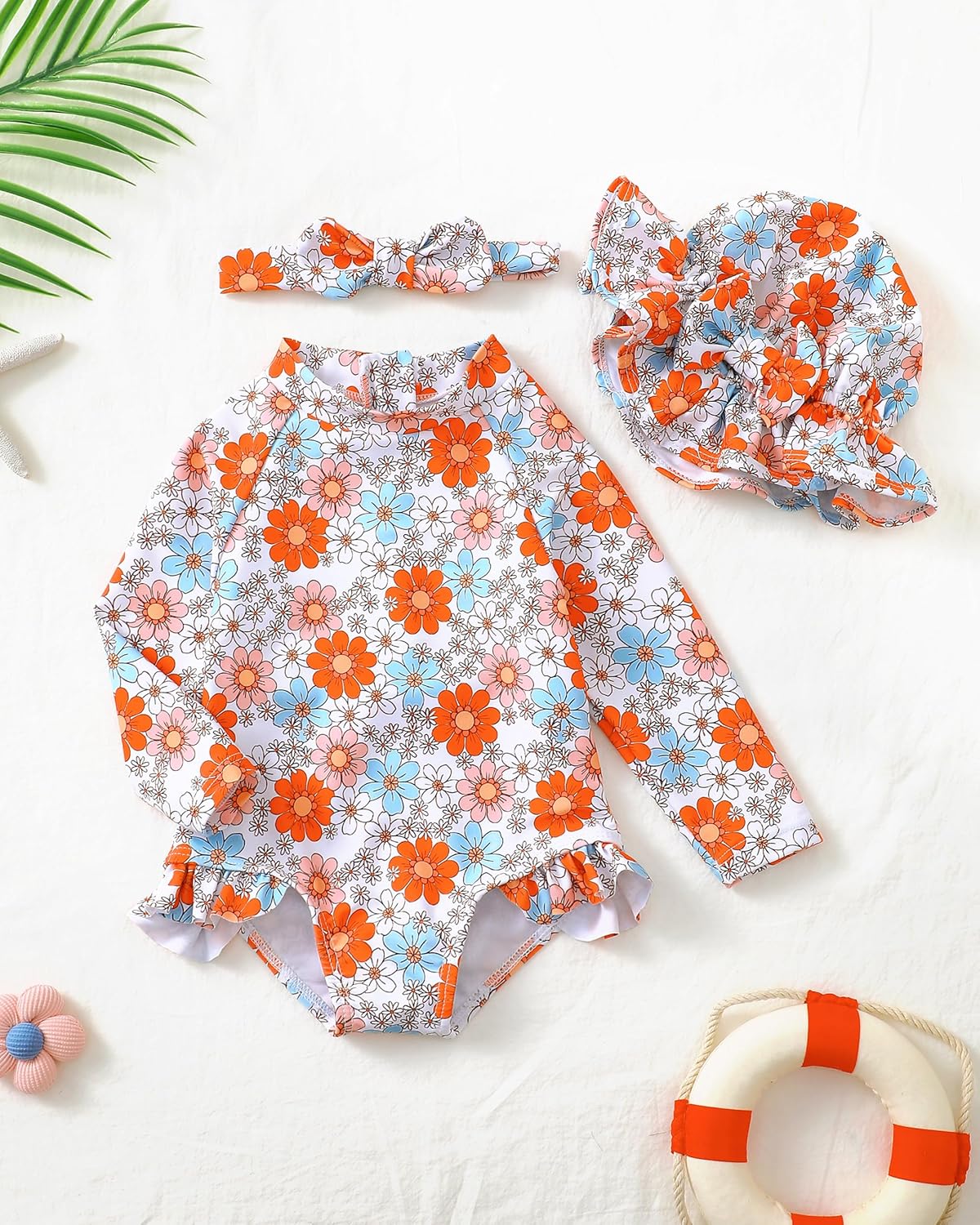 Baby Girl Swimsuit Long Sleeve One-Piece Swimwear with Hat Rash Guard Ruffle Floral Zipper Beach Infant Bathing Suit - Image 2