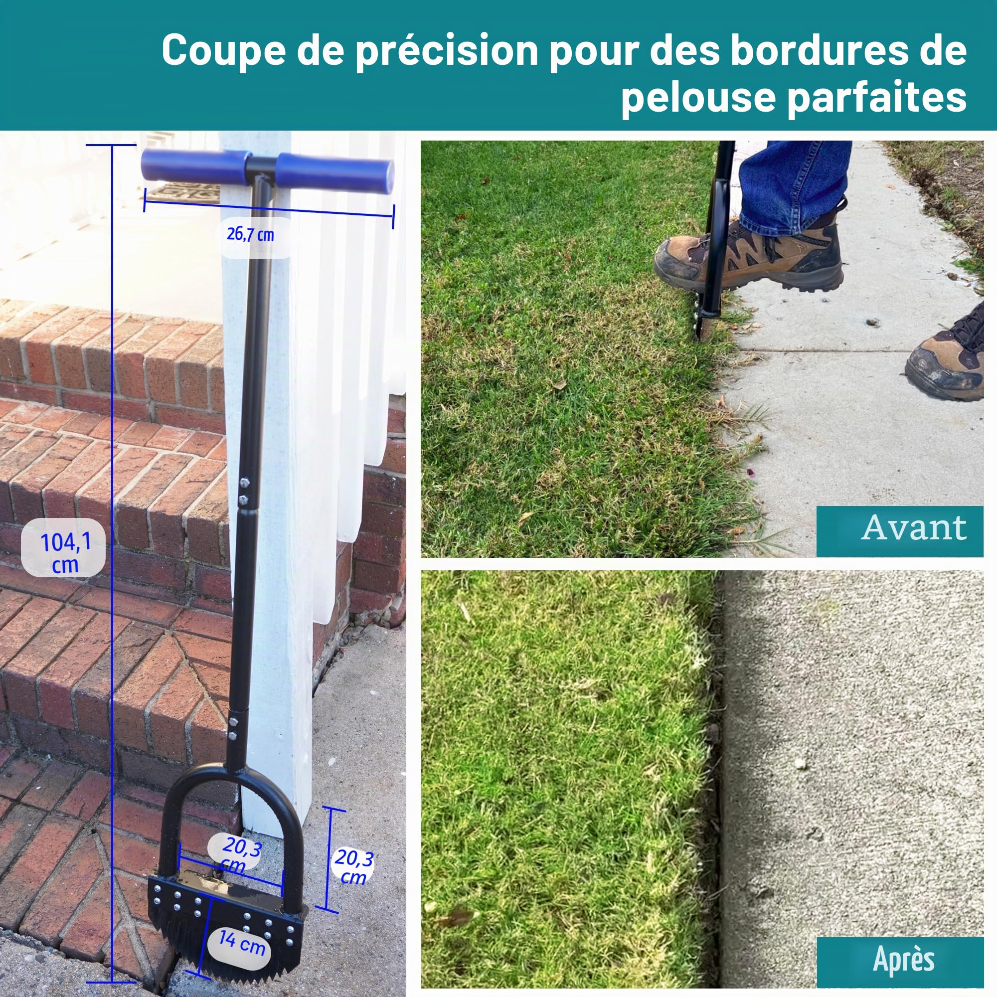 Coupe-Bordures Manuels 104 cm à Lame en Acier au Carbone Poignée Longue en Caoutchouc Plateforme Large Résistant à la Rouille Outil d'entretien de Jardin avec Lame en Acier Manganèse à Demi-Lune
