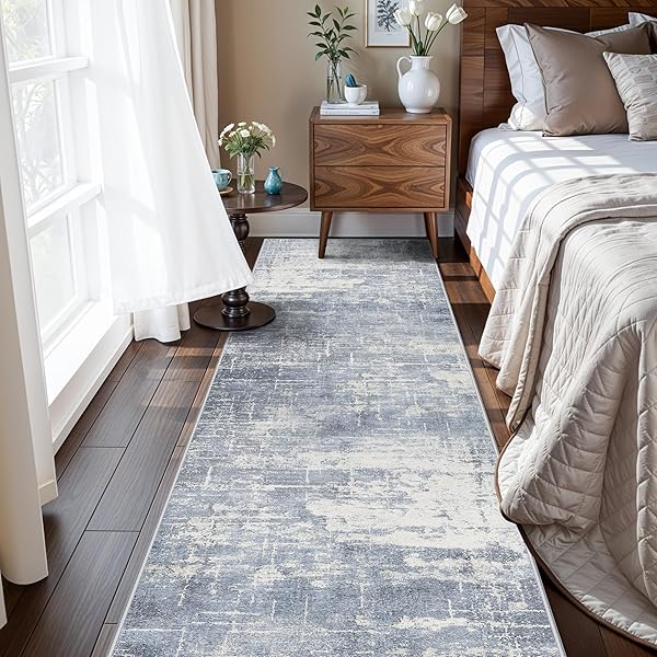 Hallway 2x8 Washable Runner Rug: Abstract Stain Resistant Kitchen Entryway Rugs Farmhouse Ultra Soft Bathroom Bedroom Print Floor Mat Thin Non-Slip Indoor Carpet for Living Room Laudry(2x8,Blue/ivory)