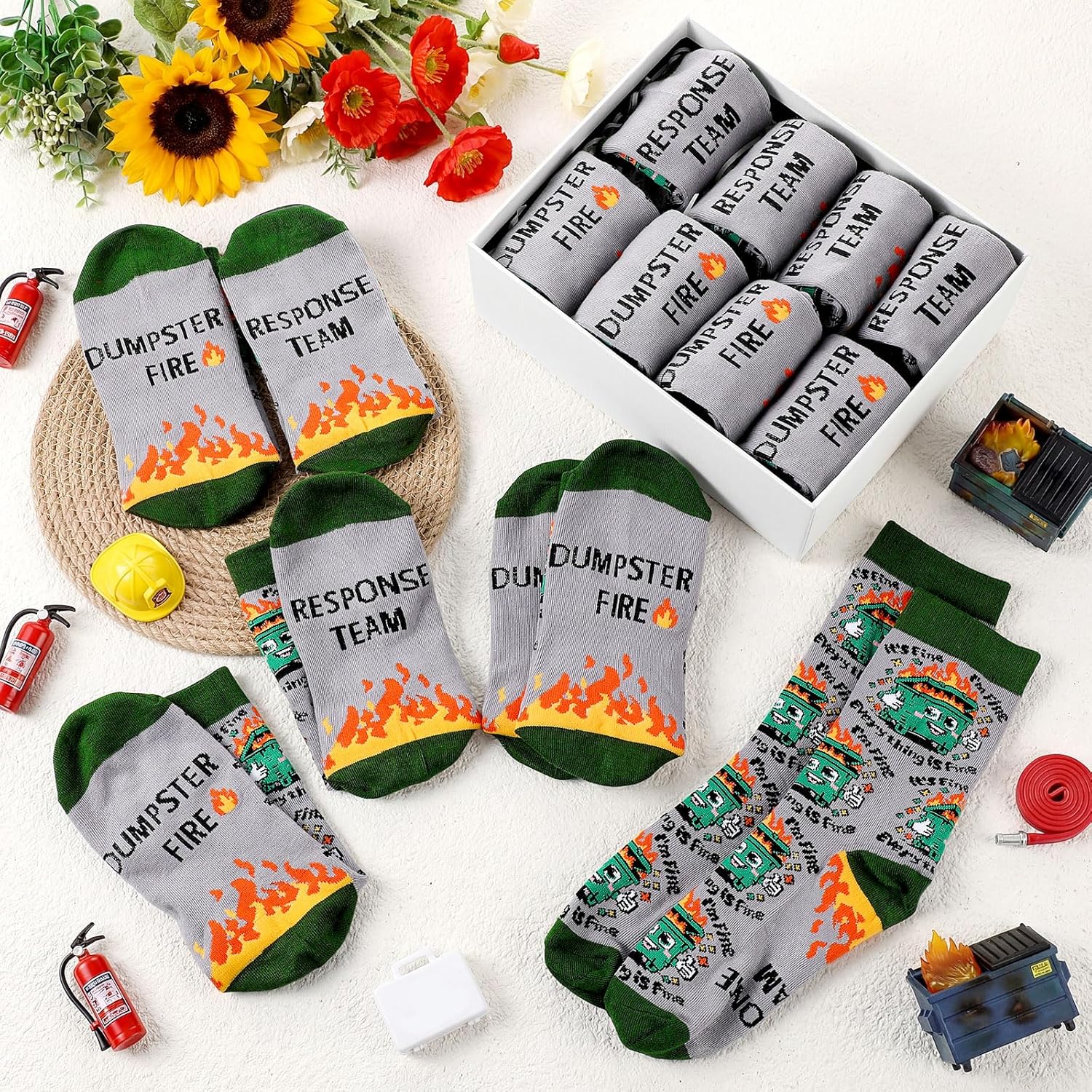 Glitopper 12 Pair Funny Dumpster Fire Response Team Socks Gifts for Teacher Cna Week Nurse Men Women Staff Coworker(Grey)