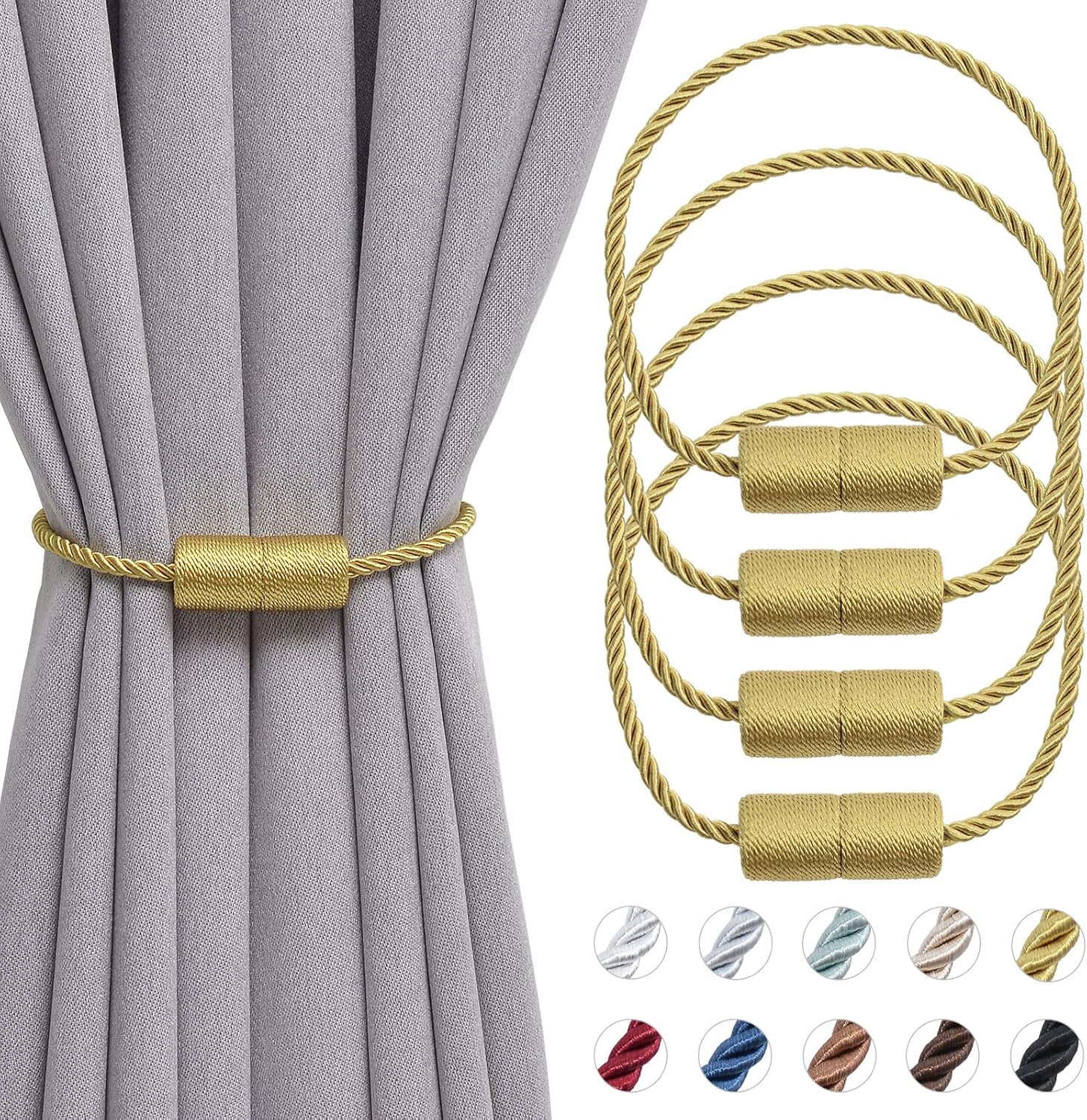 Pretty Jolly 4 Pack Magnetic Curtain Tiebacks 16 Inch Handmade Weave Side Rope Curtain Holdbacks Convenient Decorative Cylinder Curtain Drape Tie Backs for Home & Office Window Drapery (Gold)