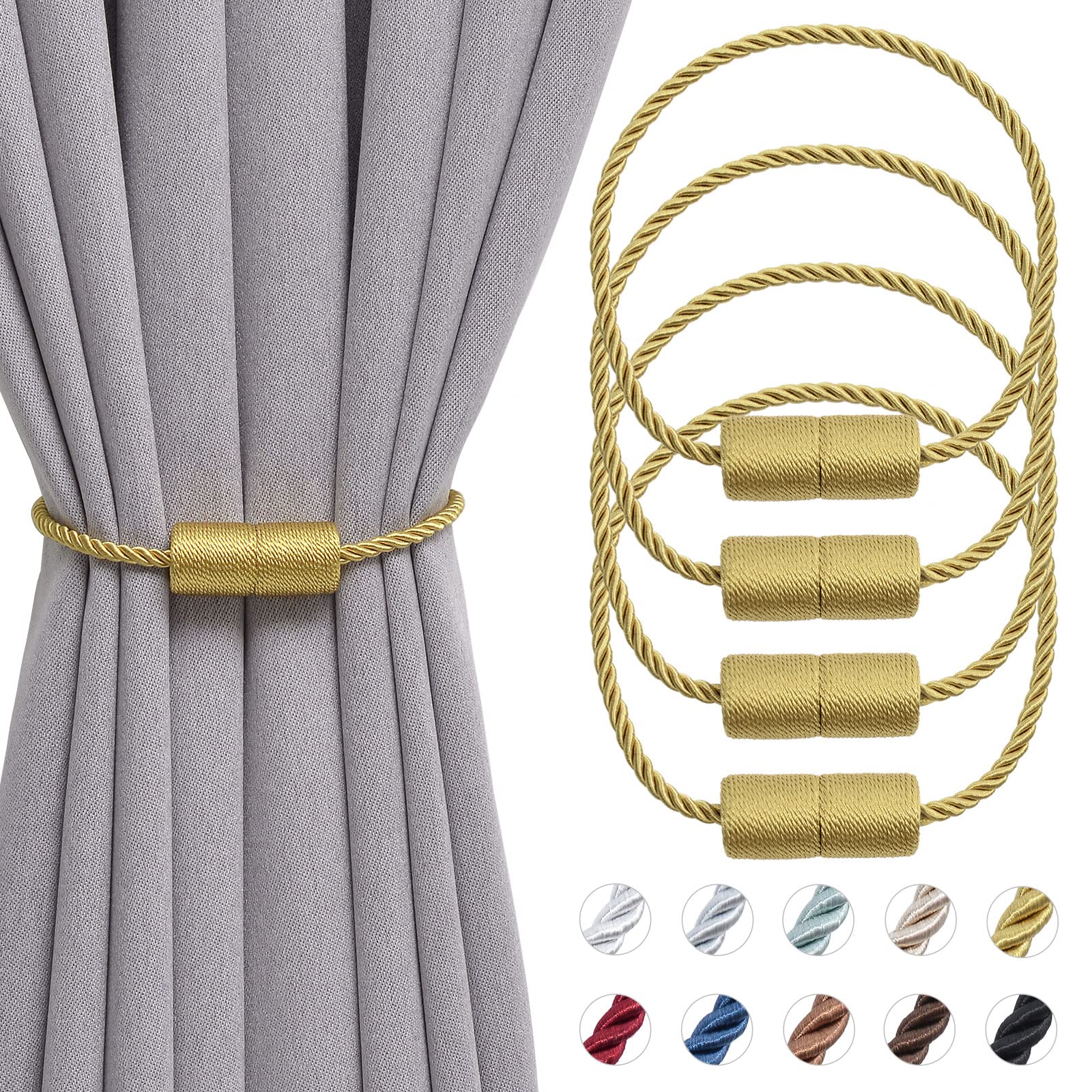 Alzapaños magnéticos para cortinas OUdini dorados, cuerda hecha a mano, pack de 4 unidades