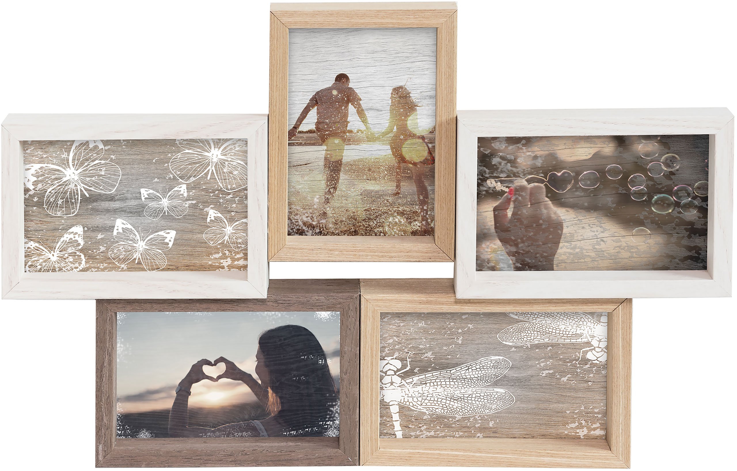 accent by nielsen Wooden Collage Photo Frame for 5 Photos 4x6 in (10x15 cm) - Multi Aperture Wall Picture Frame - Mixed Wood Colours - with Glass Front