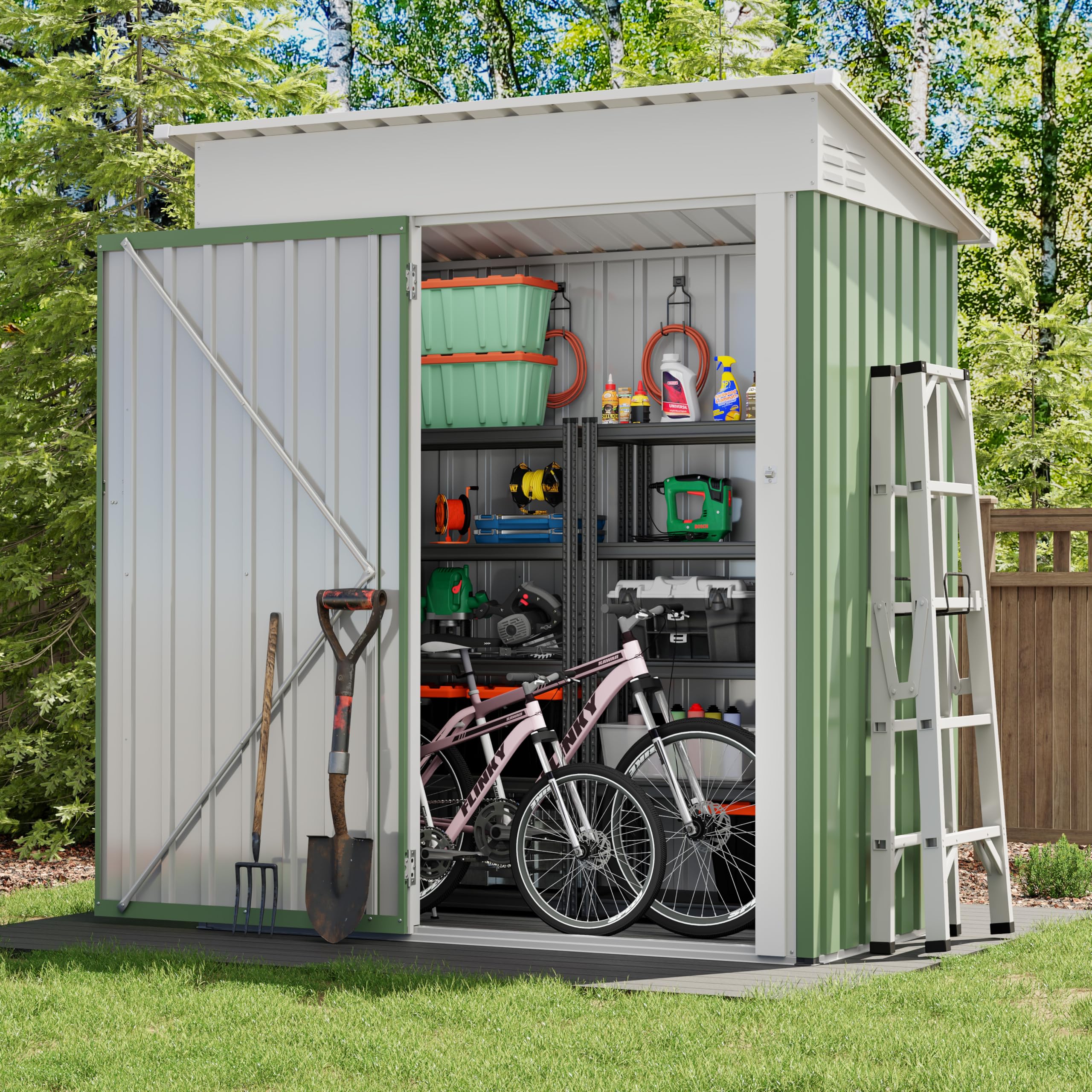 UDPATIO Outdoor Garden Storage Metal Shed 5x3 FT for Firewood,Garbage Can,Tools,Lawnmower,Bike Shed Waterproof Log Store for Backyard Patio,Galvanized Steel with Lockable Door, Green