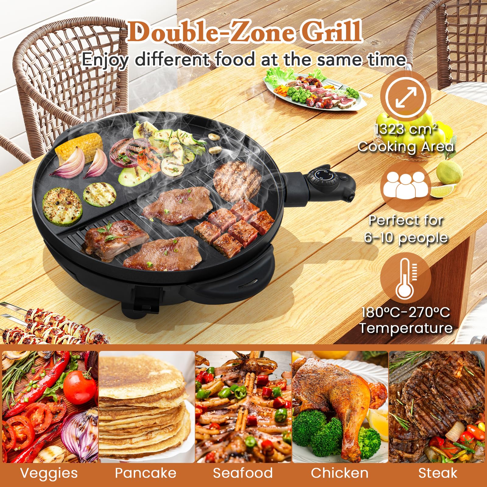KOMFOTTEU Barbecue Électrique avec 2 Zones de Cuisson, Gril Électrique 1200 W, Avec Porte-épices & Thermomètre, Plancha Électrique, Contrôle de la Température, Intérieur & Extérieur