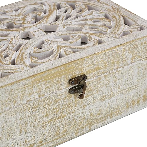 Miniatura 5 de Deco 79 Caja de madera de mango hecha a mano floral con tapa con bisagras, juego de 3 8 pulgadas, 10 pulgadas, 12 pulgadas de ancho, blanco