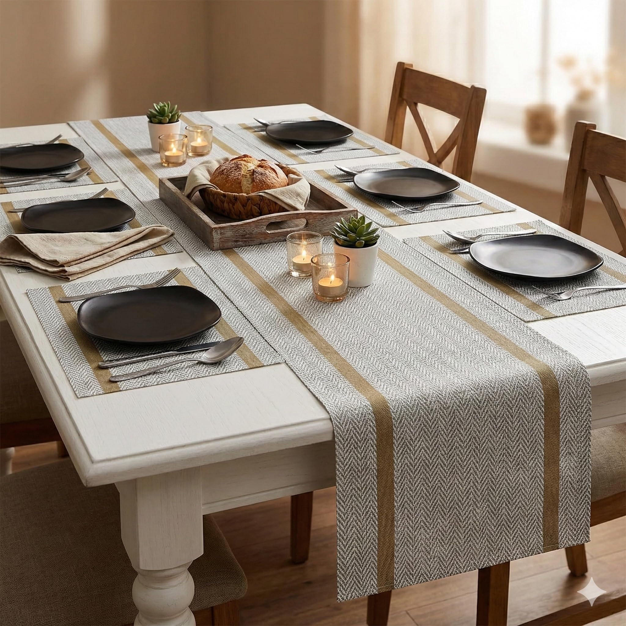 YELONA Dining Table Placemats and Runner Set - Heat Resistant, Washable, Stain Resistant Mats - Woven Vinyl Plastic - Easy to Clean-(45x30 cm 6 Placemats, 135x30 cm 1 Runner)-Ideal for Stylish Dining