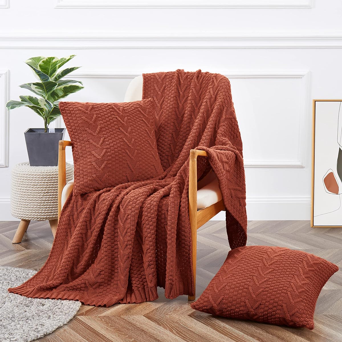 Knitted Throw Blanket (50" x 60") and 2 Pillow Covers (18" x 18"), 3 Piece Burnt Orange Throw Blanket Set, Decorative Throw Blankets for Couch Sofa Bed Living Room
