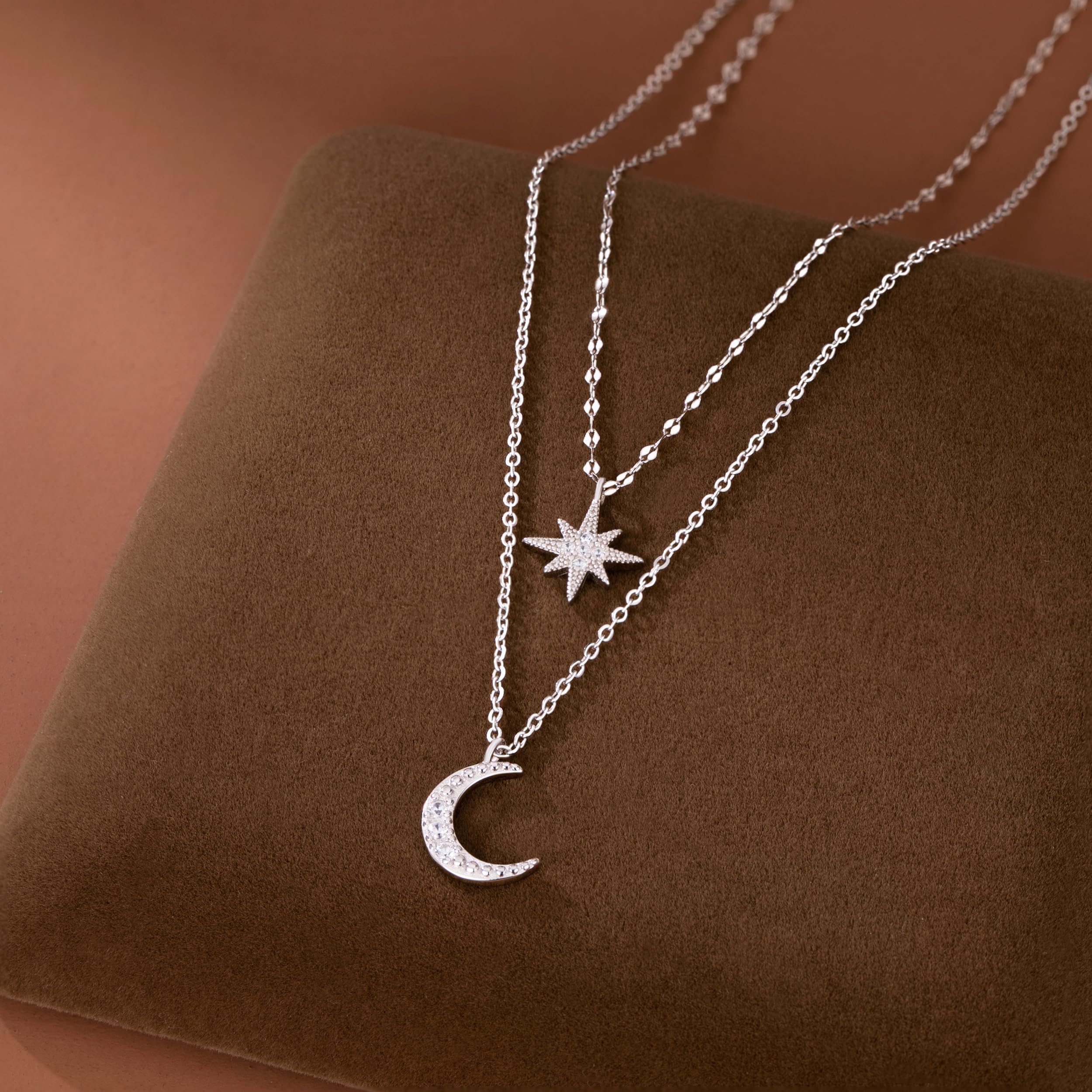 SLUYNZ 925 Plata Esterlina Collar en Capas Cadena Luna Estelar Choker Collar para Mujeres Chicas Adolescentes Gargantilla Cadena Capas (A-Silver)