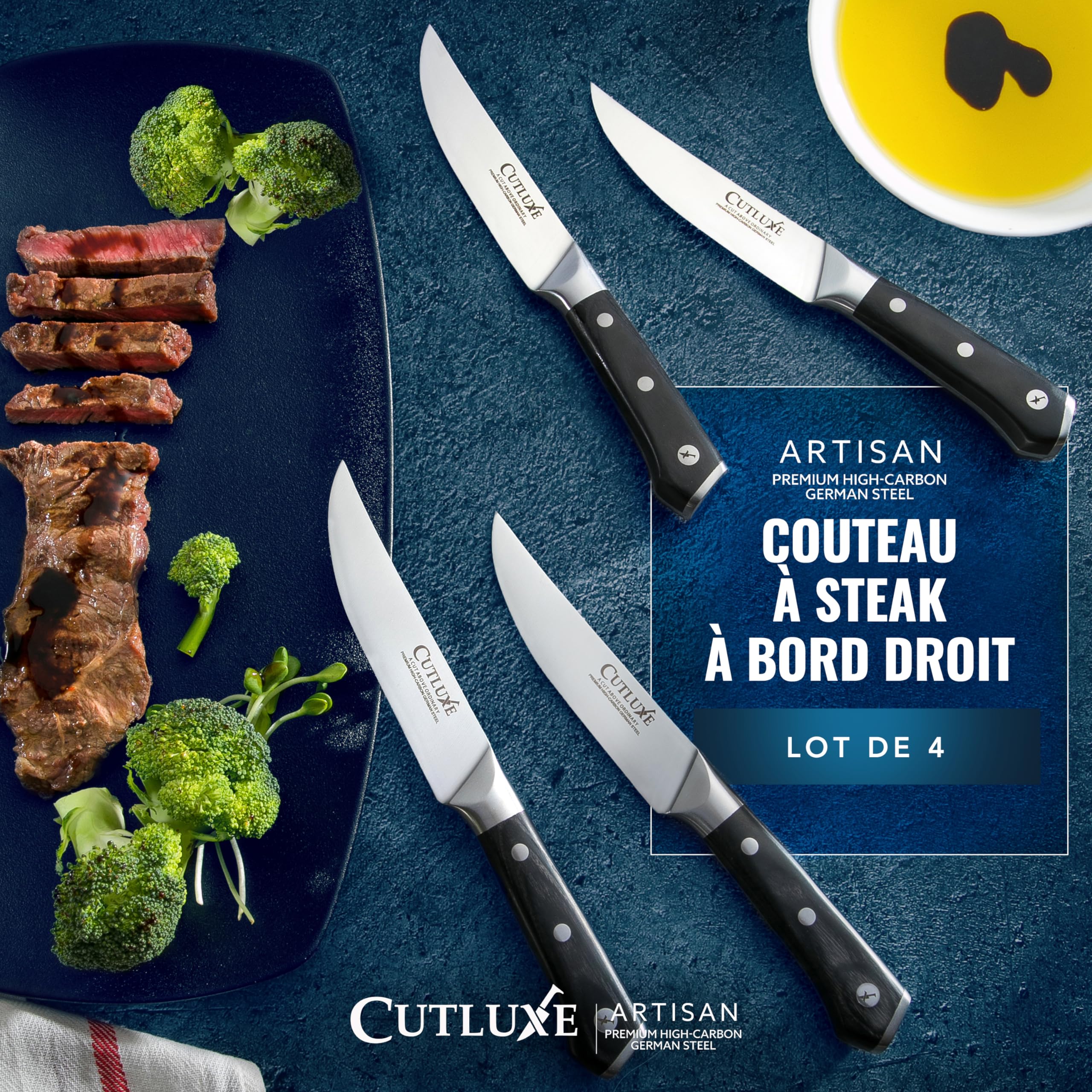 Cutluxe Couteaux à Steak 4 Pièces – Bord Uni, Couverts de Table | Lame effilée en acier allemand, manche ergonomique antidérapant; parfait pour viande grillée et repas; garantie à vie