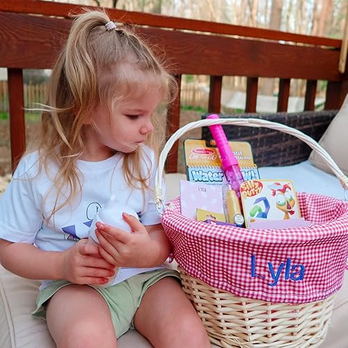 Miniatura 9 de Personalization Universe Cesta de Pascua personalizada de sauce con asa plegable, cuadros azul marino