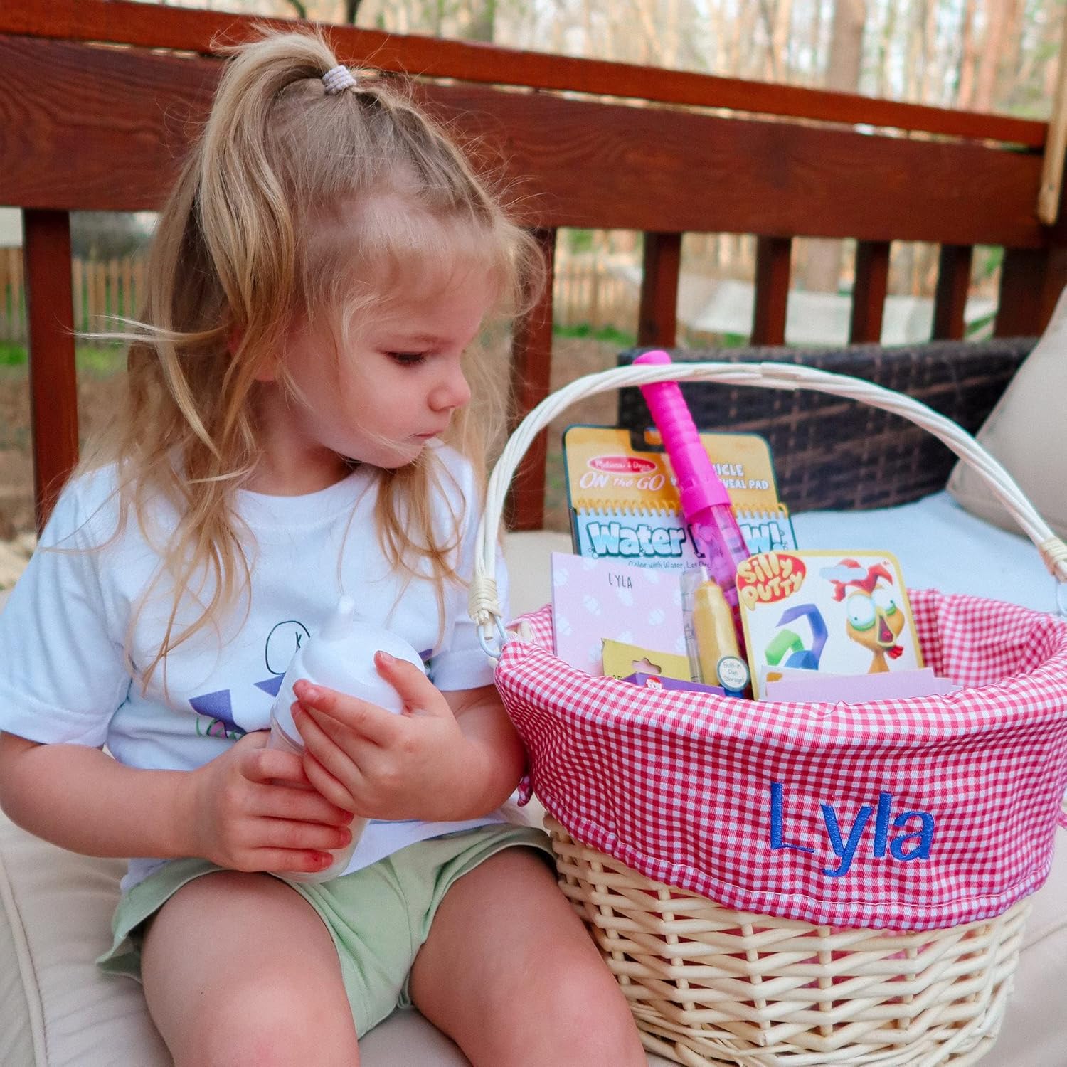 Personalization Universe Personalized Classic Easter Basket – Embroidered Light Blue Basket Liner – Custom Kids Easter Gift – Hand-Woven Basket with Folding Handle