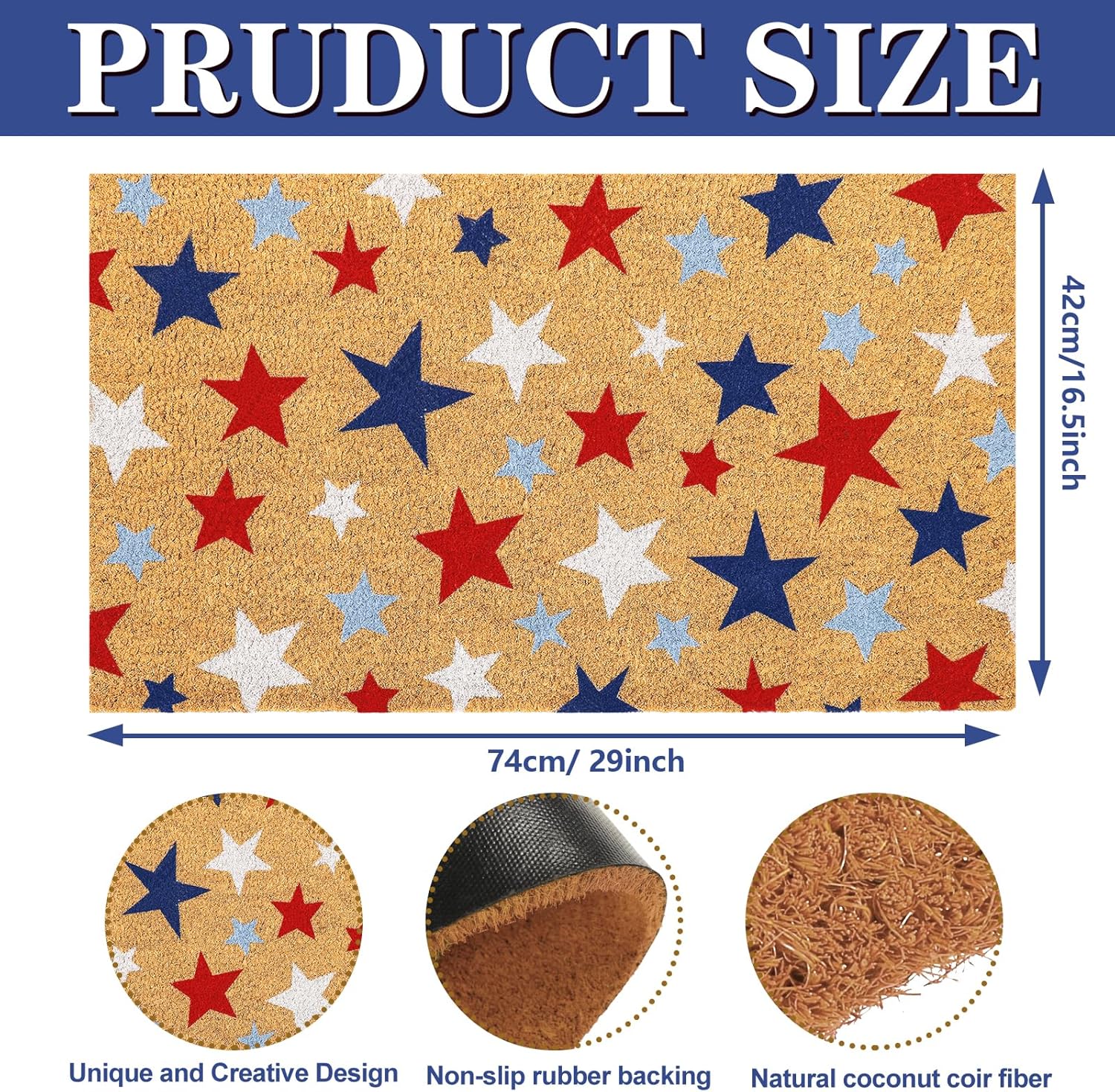 JarThenaAMCS Patriotic Natural Coir Door Mat 4th of July Red Blue White Star Doormat Non-Slip Entrance Door Rugs for 250th Anniversary Independence Day Home Decor, 16.5 x 29 Inch