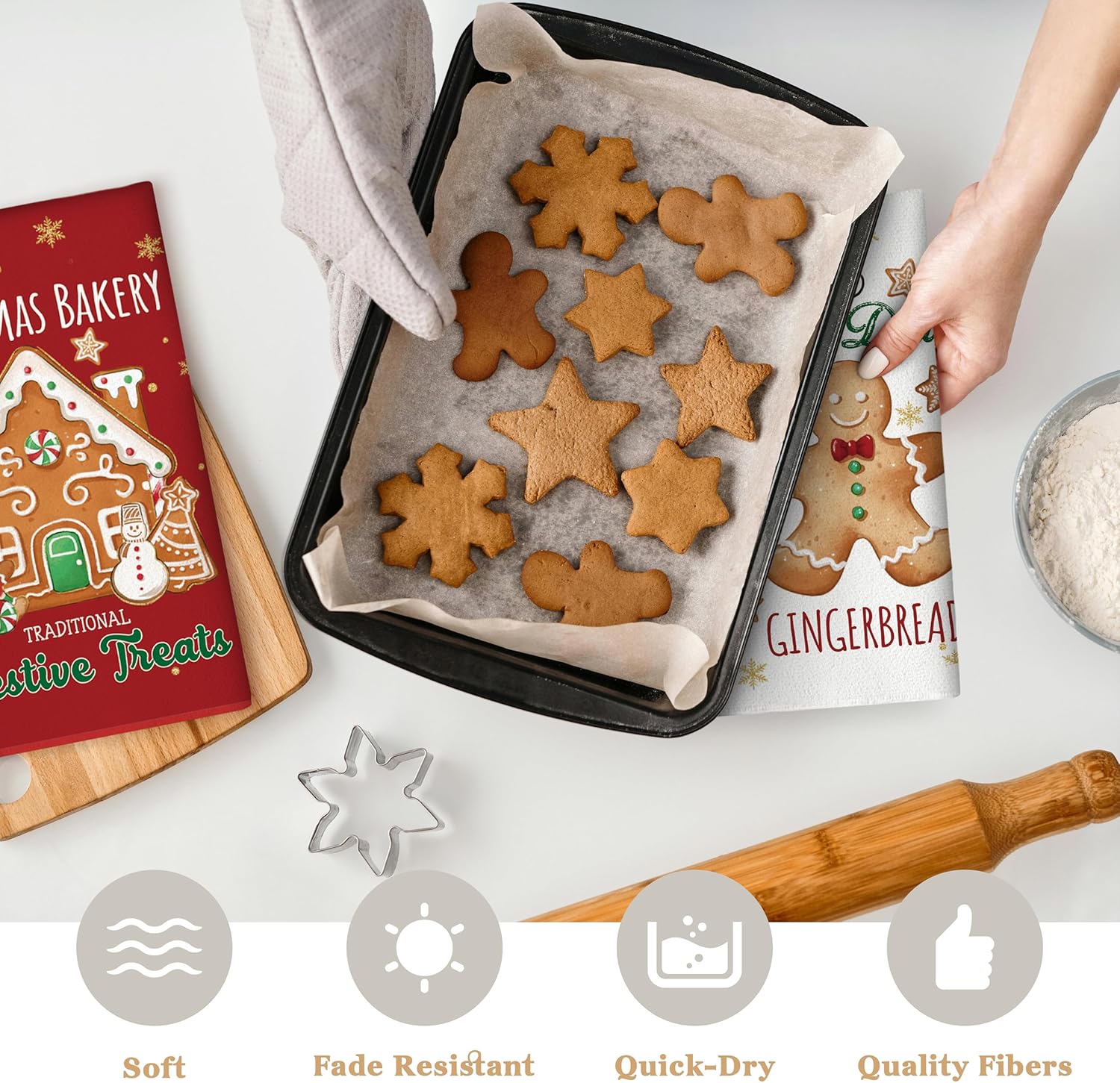 6 Pcs Christmas Kitchen Towels, Holiday Gingerbread and Hot Cocoa Design, Funny Hot Cocoa Cookie Bake Theme Absorbent Hand Towels (Gingerbread Man) - Image 7