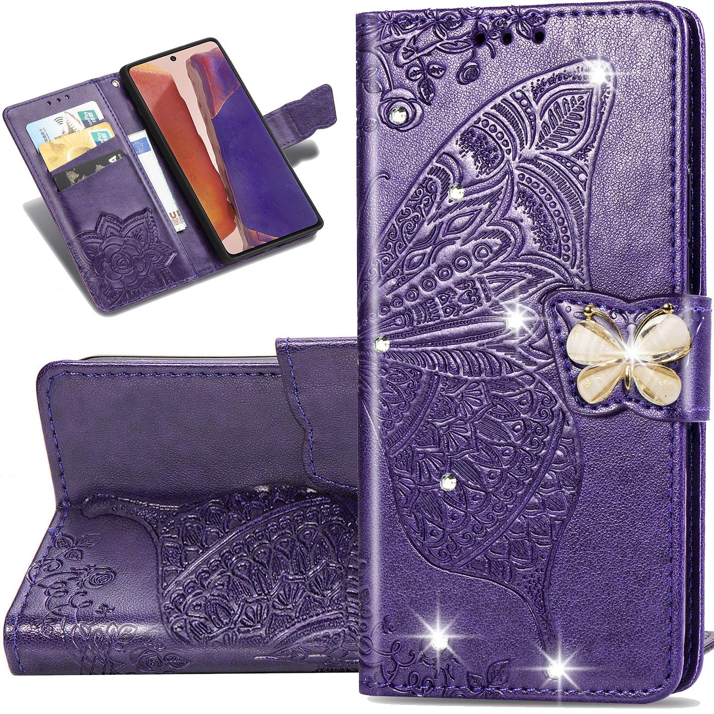Wallet Case for Samsung Galaxy Note 20 Ultra, Embossed Floral Butterfly PU Leather Flip Folio Cover with Card Slot Holder for Women Girls for Galaxy