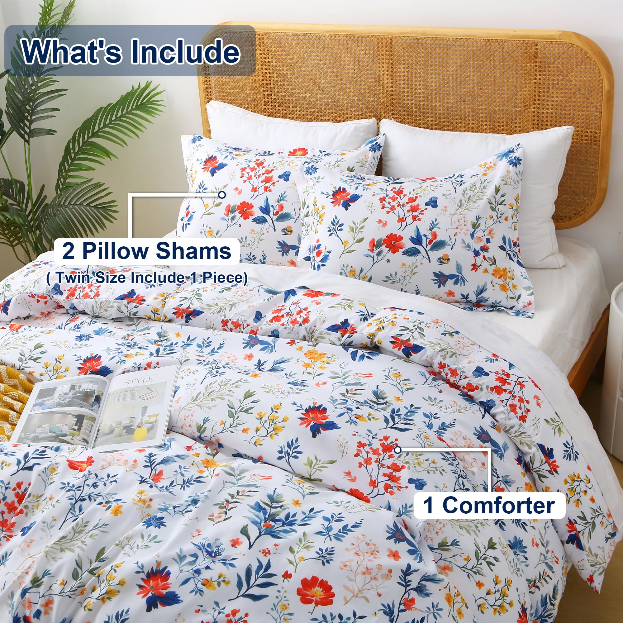 Mooreeke Floral Queen Size Comforter Sets, Lightweight Purple Lavender Botanical Printed Bedding for All Seasons, 3-Piece Vintage Bed in a Bag with Fluffy Quilted Reversible Comforter & 2 Pillow Shams