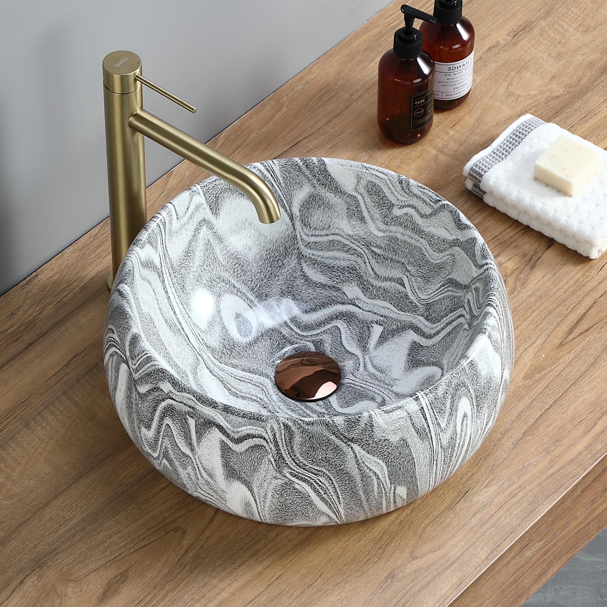 Vasque Ronde Creuse Effet Gris Zébré Ø40 cm – Lavabo à Poser Design Contemporain – Finition Minérale Élégante – Idéal Salle de Bain Moderne – Installation Facile et Entretien Simple