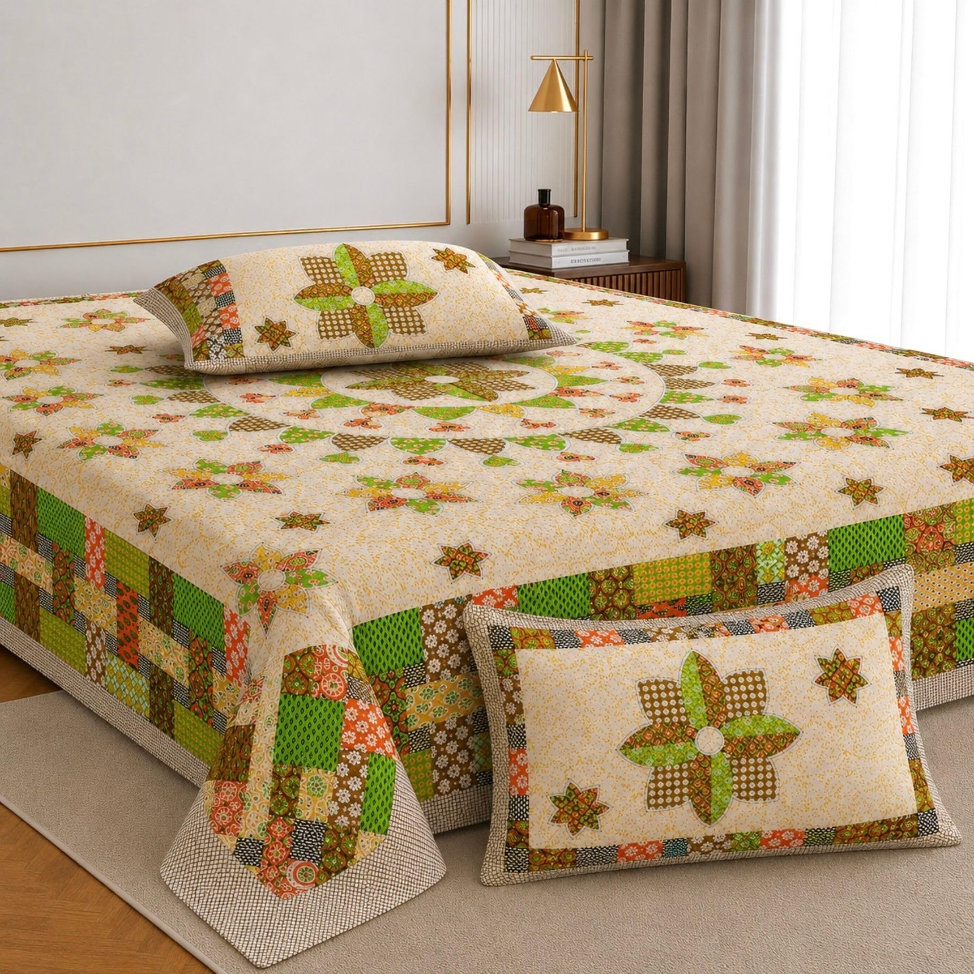 Jaipur Weaves Jaipuri Double Bed Cotton Bedsheet Queen Size 90x100, 144 TC 100% Pure Cotton Bed Sheet with 2 Pillow Covers, Royal Mandala Traditional Print (Mandala Green)