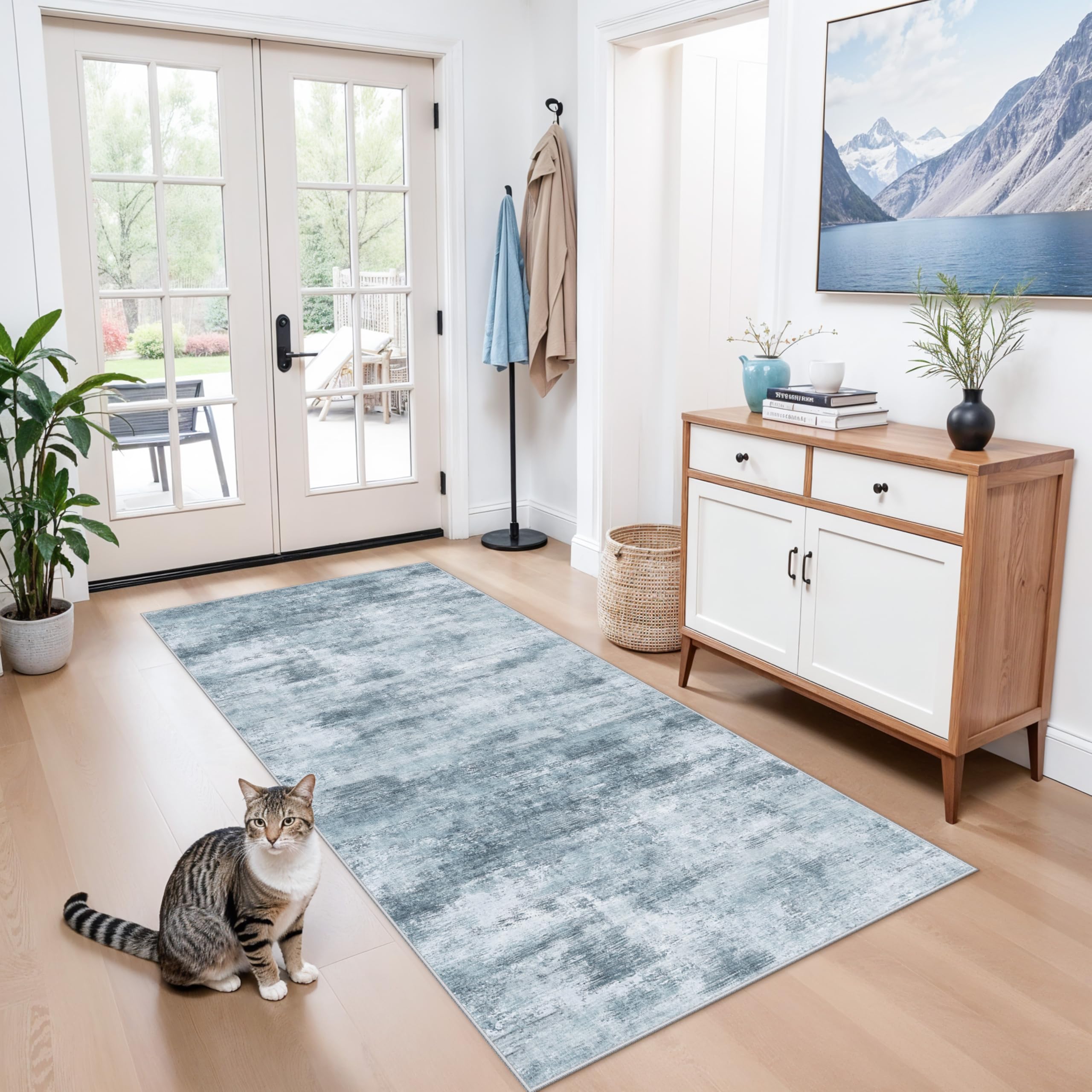 3x6 Washable Wide Runner Rug – Non-Slip Floor Carpet Runner for Kitchen Entryway Hallway Bathroom, Modern Abstract Low Pile Thin Area Rug (Blue Grey) — image 1