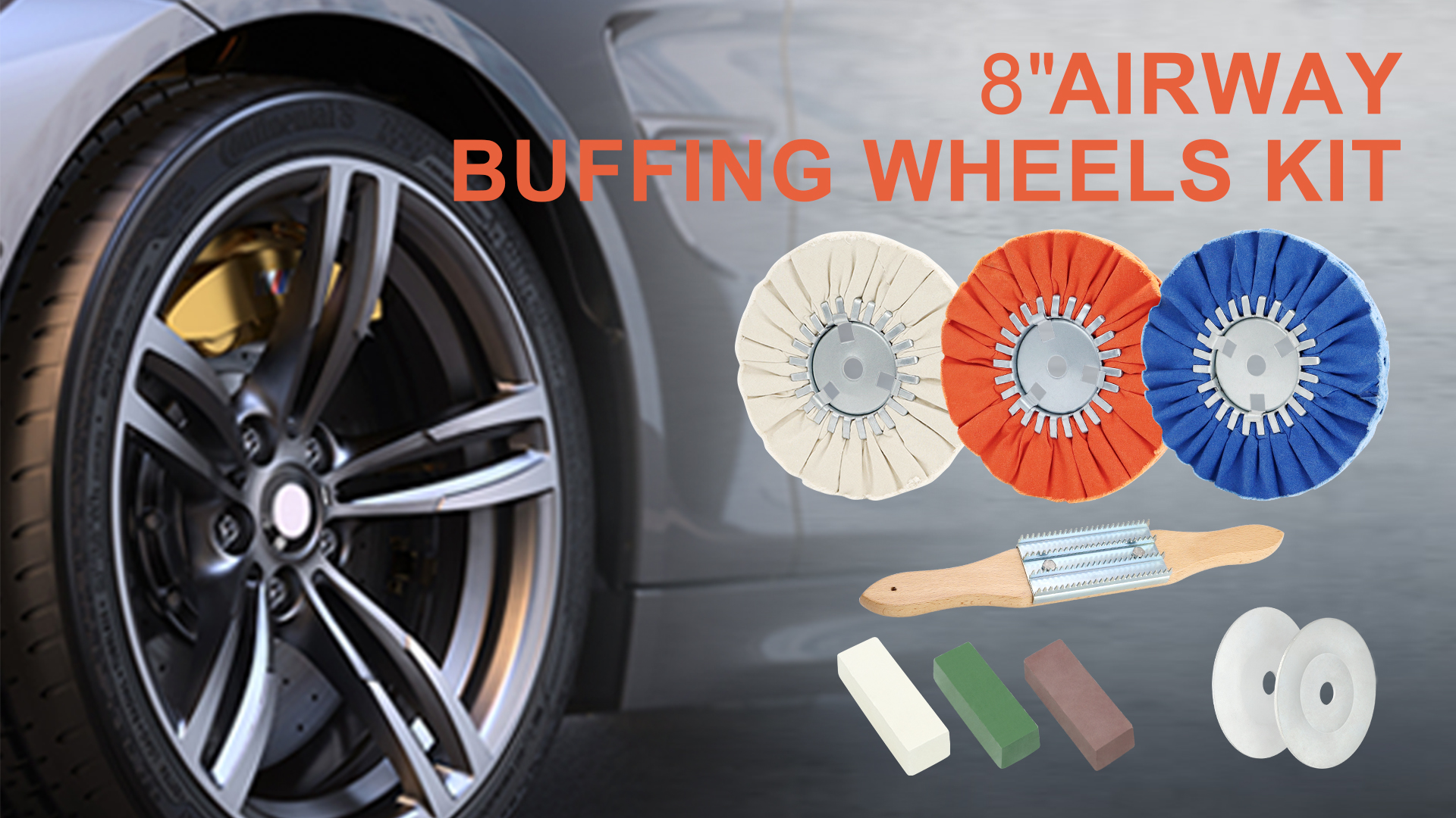 Image of 9 Pcs 8 inch Airway Buffing Wheel Kit for Angle Grinder, 3 Wheels, 3 Polishing Compounds, Buffing Rake & 1 Pair Safety Flanges, 5 /8 inch Arbor, for Aluminum Wheels, Tanks & Metal Mirror Polishing