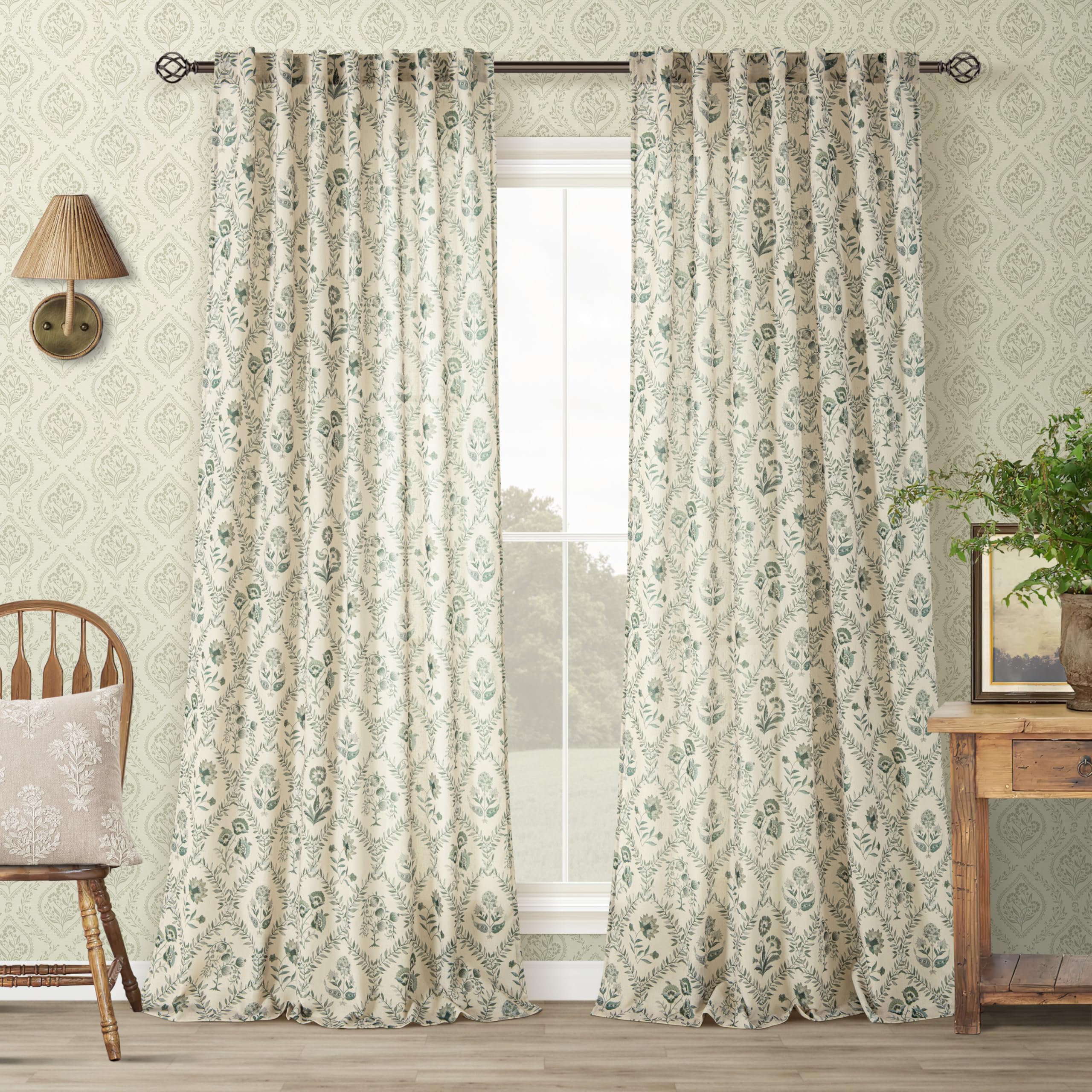 Green Floral Curtains 108 Inches Long for Living Room Dining Botanical Flower Patterned Sage on Beige Linen Curtains Printed Vintage Country Spring Decor Shabby Chic Boho Drapes for Bedroom 9 FT