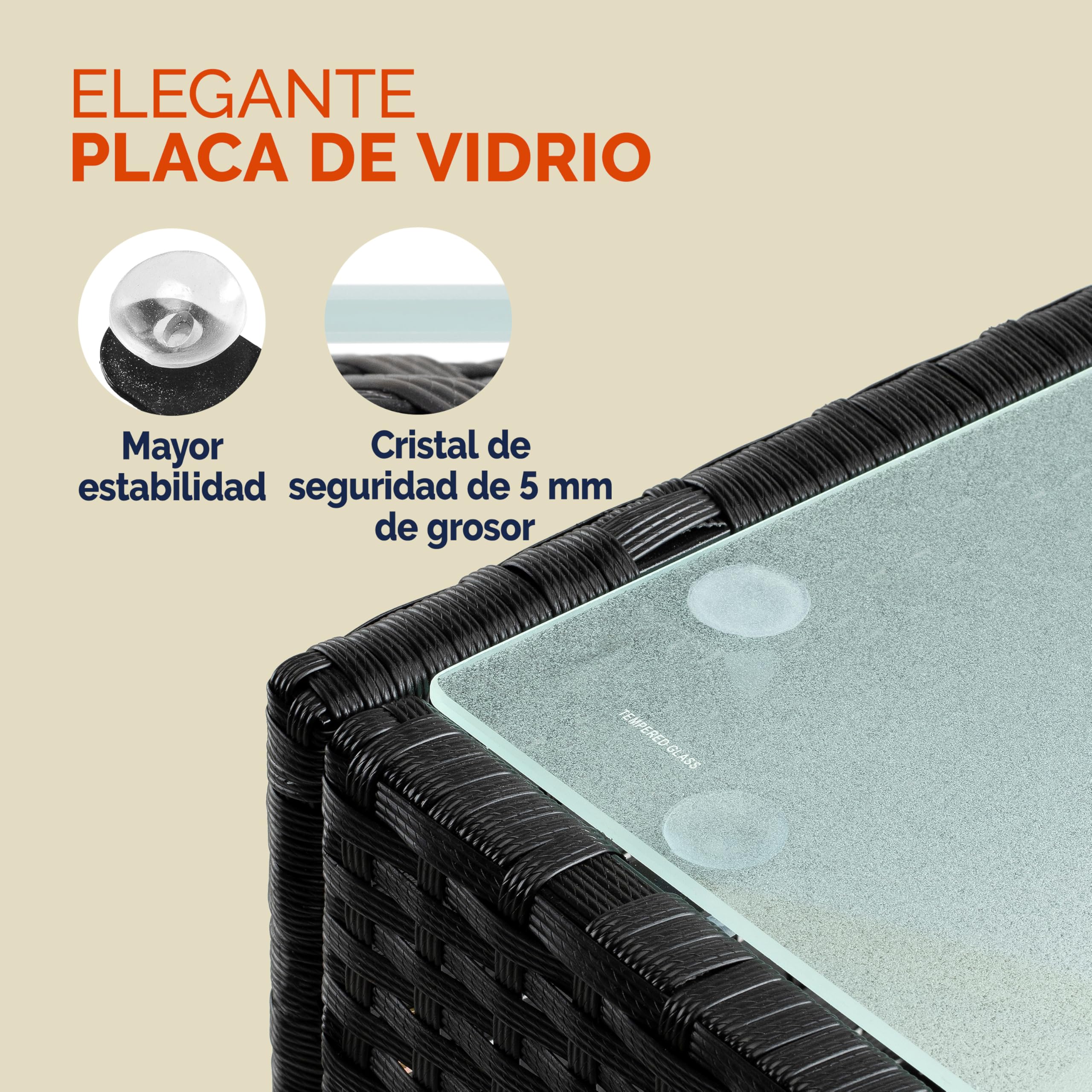 CASARIA® Mesita de Centro Poliratán 58x58x42cm Carga hasta 80Kg Mesa Auxiliar Jardín Ajustable en Altura Tablero Vidrio Resistente Intemperie Negro