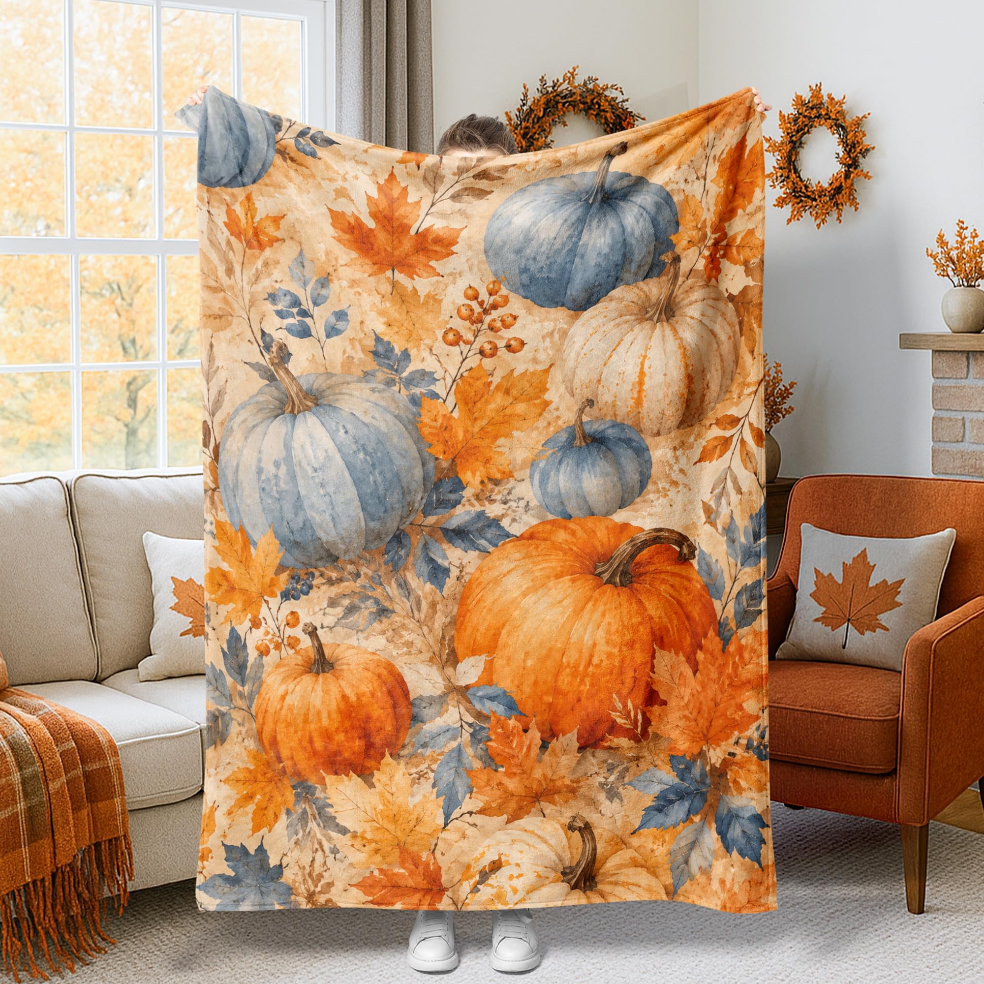 Plaid citrouille automne grand jeté de lit polaire orange 152x203 cm