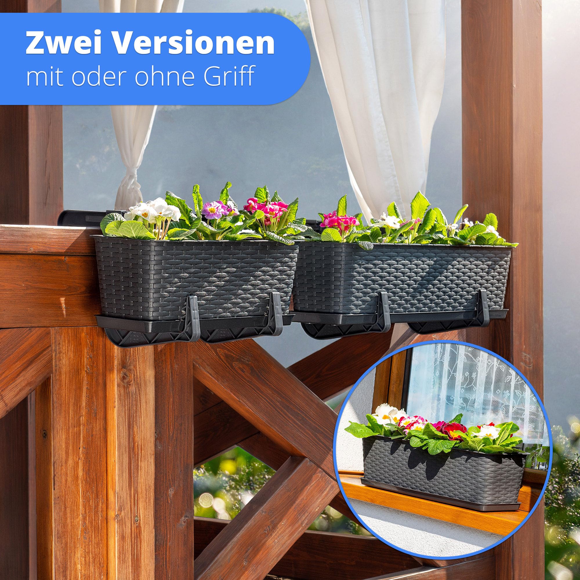 KADAX Blumenkasten 60 cm, ca. 12L Anthrazit mit Halterungen & Untersetzer, Rattan-Optik – Pflanzkübel für Balkon oder Terrasse, robuster Balkonkasten