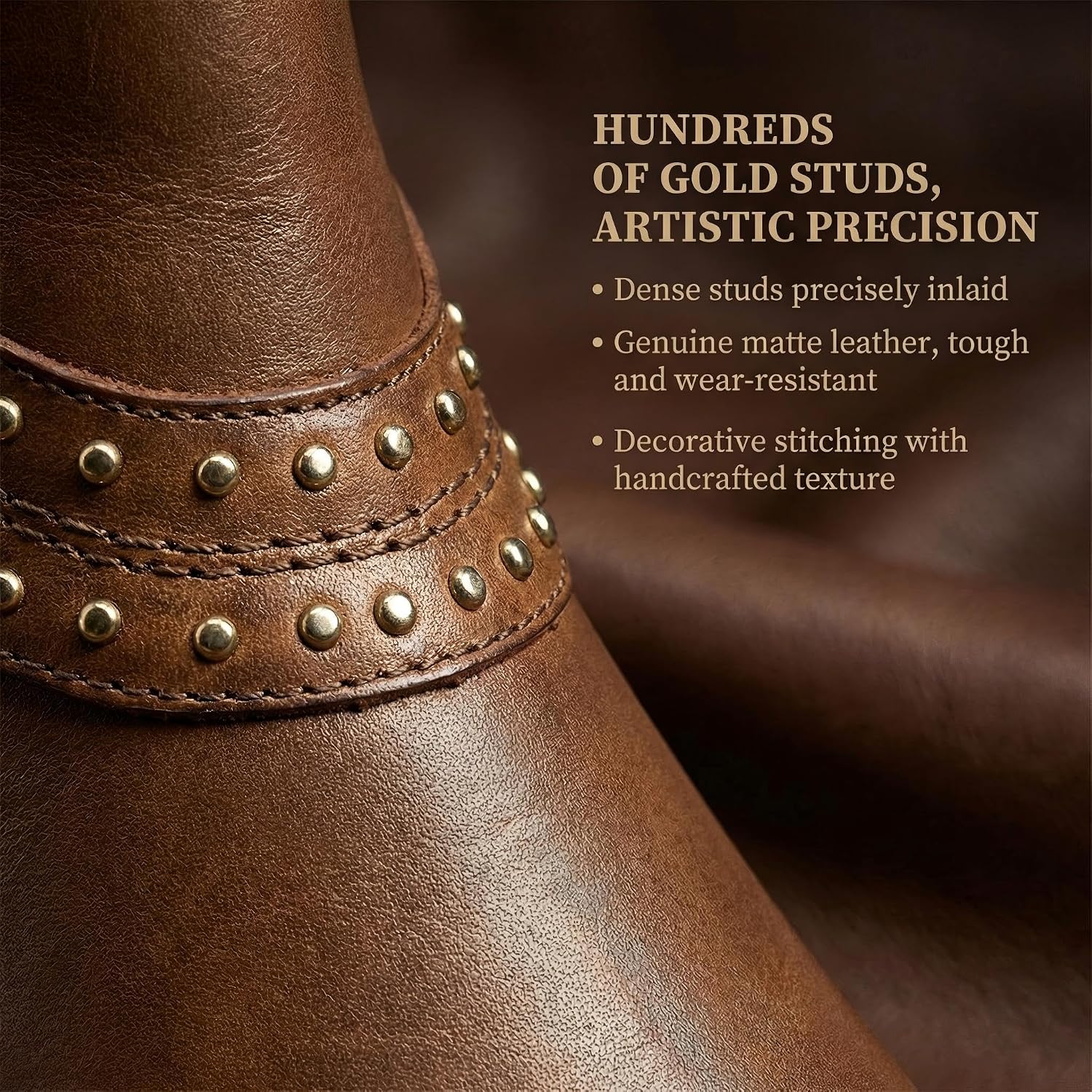 Tsrenlmln Women's Cowboy rivet Boots with Chunky Heel - Western Ankle Boots, Pointed Toe Booties for Women, Comfortable Pull-On Riding Boots Suitable for parties, and Evening party(Golden Heel)