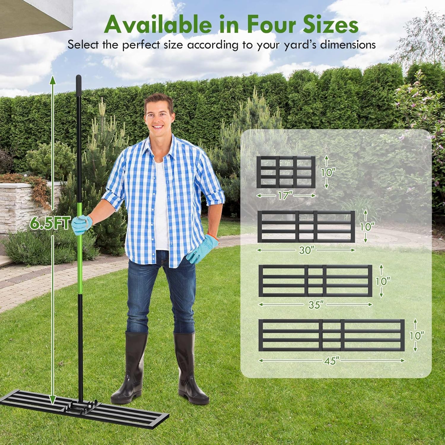 Seeutek Lawn Leveling Rake, 45" x 10" Heavy Duty Yard Leveling Rake Tool with 0-180° Adjustable Handle, 6.5FT Steel Handle Lawn Leveler for Yard Garden Golf, Ease Level Soil Sand Dirt Surface