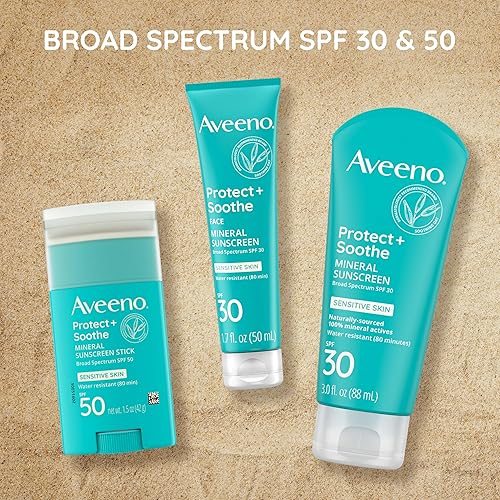 Miniatura 7 de Aveeno Protector solar mineral para proteger y calmar la cara con SPF 30 de amplio espectro para pieles sensibles, protector solar facial ligero y