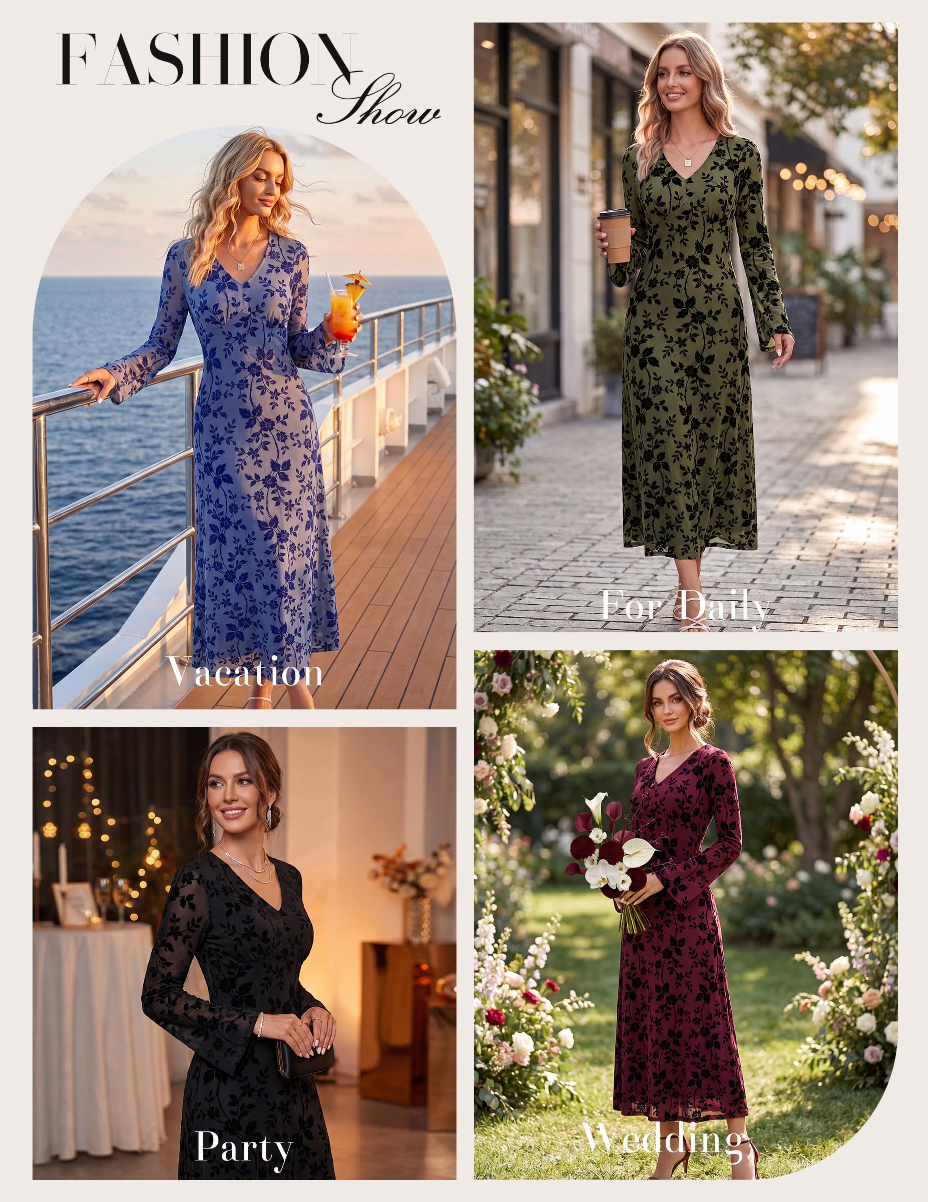 GRACE KARIN Damen Langarm Maxikleid V-Ausschnitt A-Linien Abendkleid