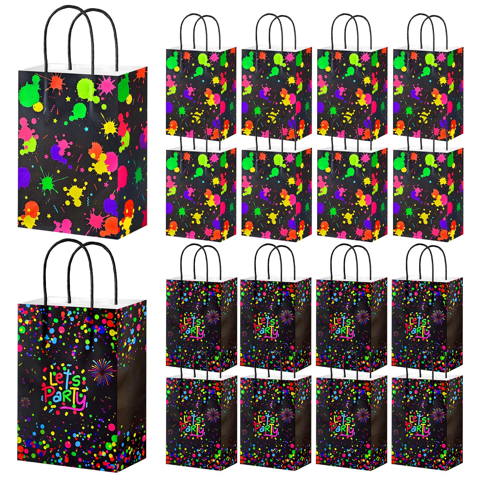 YIMETOP 16 Pcs Neon Party Bags, Glow Party Favor Bags, Paper Party Bags with Handles, Glow in the Dark Party Supplies for Birthdays, Weddings, and Neon-Themed Parties（15x8x21CM）