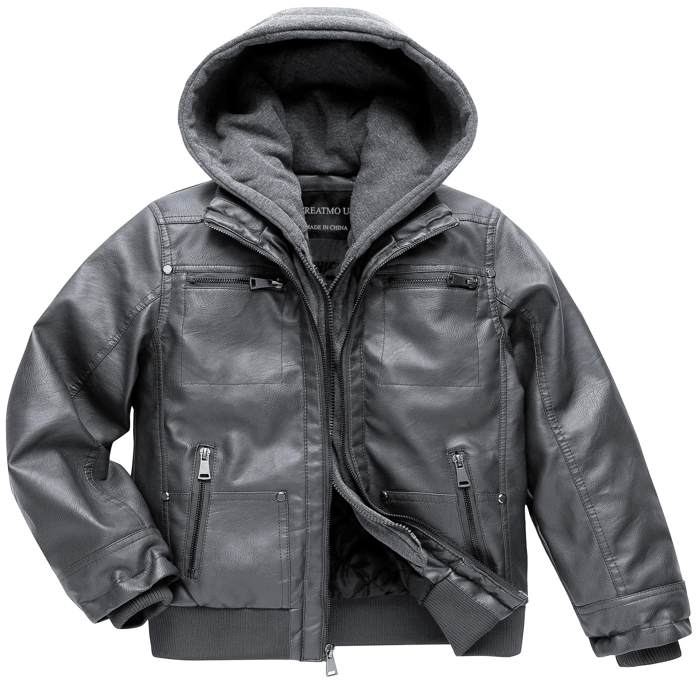 CREATMO USBoy's Faux Leather Jacket Windproof Warm Winter Coat Kids Bomber Outerwear Waterproof PU Motorcycle Jacket