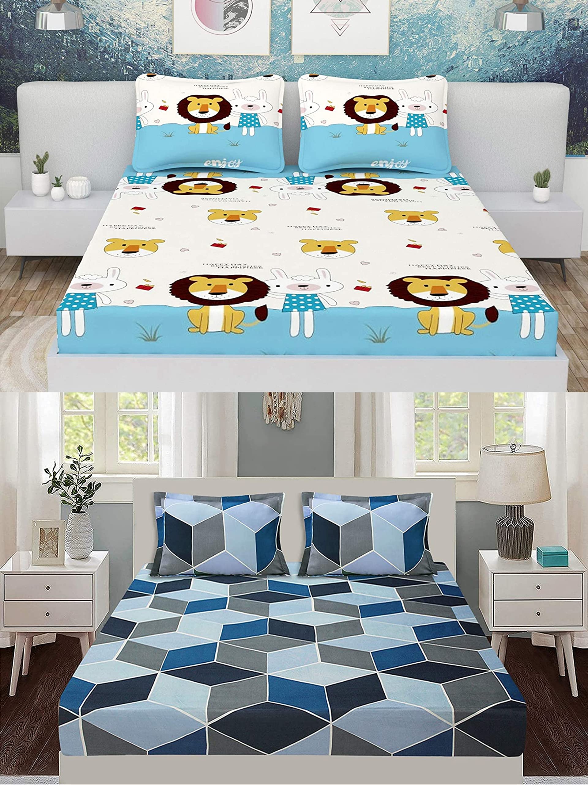 N G Products Cotton (Combo Pack of 2) Elastic Fitted Double Bedsheets with 4 Pillow Covers_Size : 72*78+8 inch_Color : Multicolor