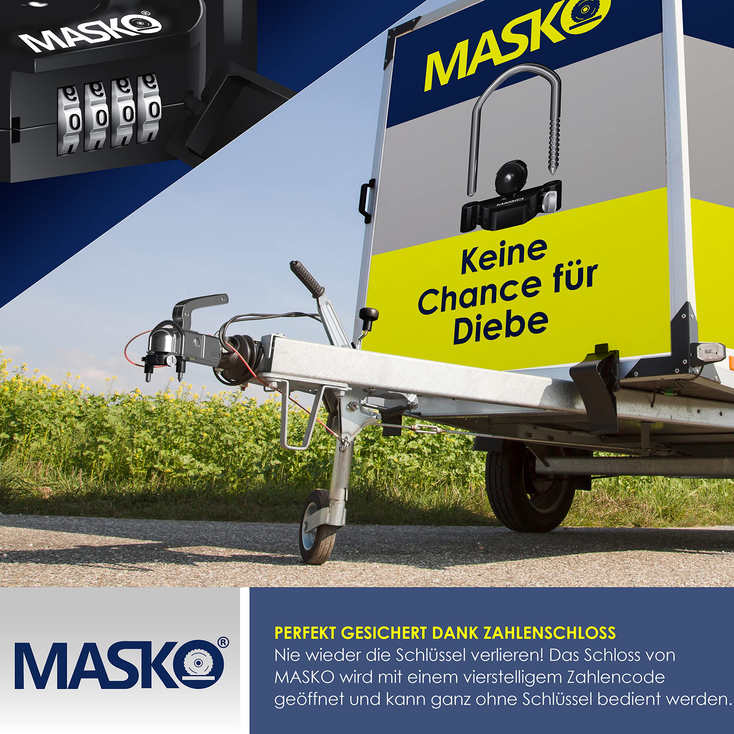 MASKO® Lucchetto per Rimorchio, Lucchetto a Combinazione con Codice a 4 Cifre per i Comuni ganci di Traino, Facile Installazione, Protezione Antifurto, Roulotte, Rimorchio, Nero