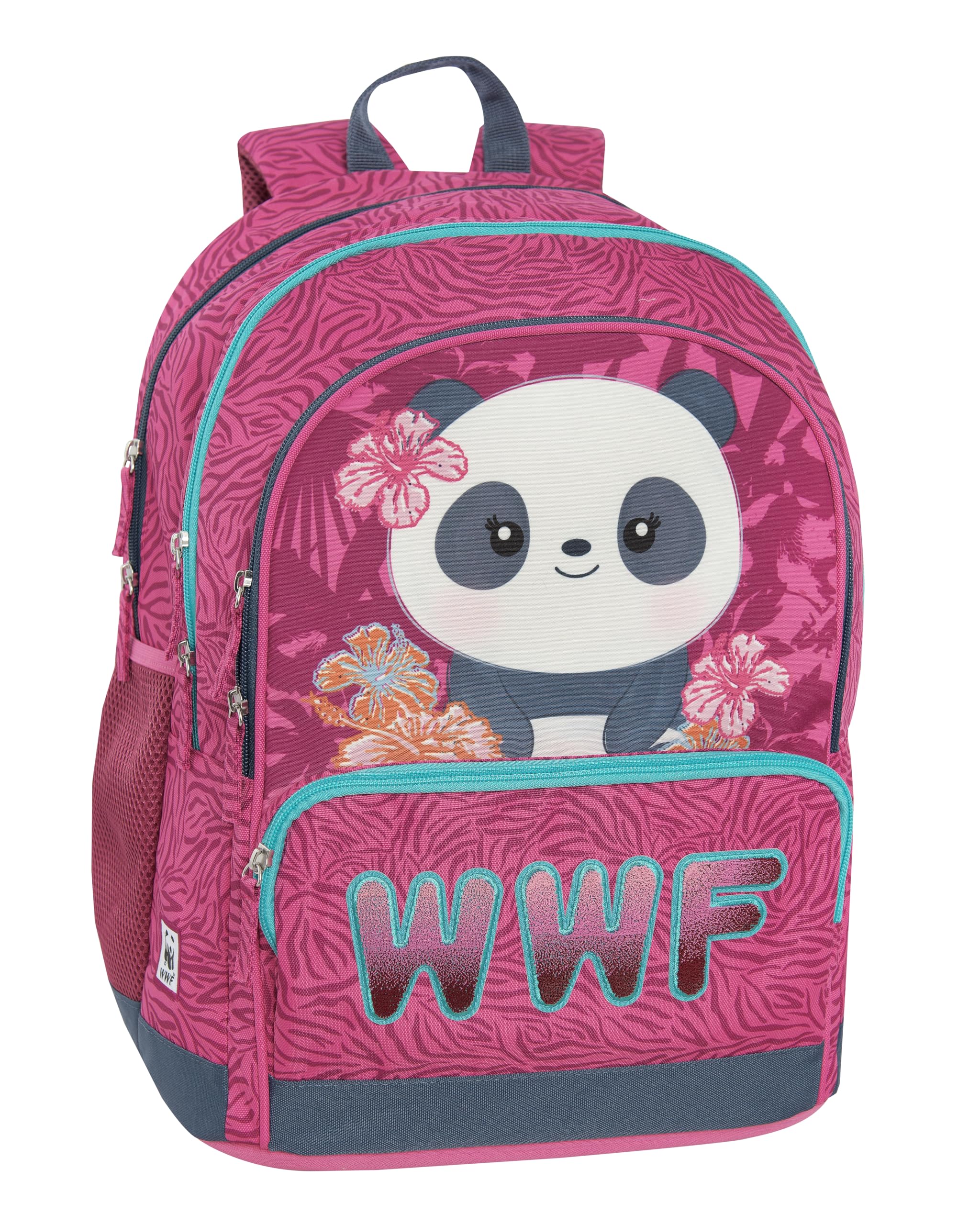 WWF - Mochila escolar oficial WW para niños y adolescentes, con 2 amplios espacios centrales y 2 bolsillos frontales con cierre de cremallera, correas ajustables y acolchadas, respaldo acolchado, 32 x