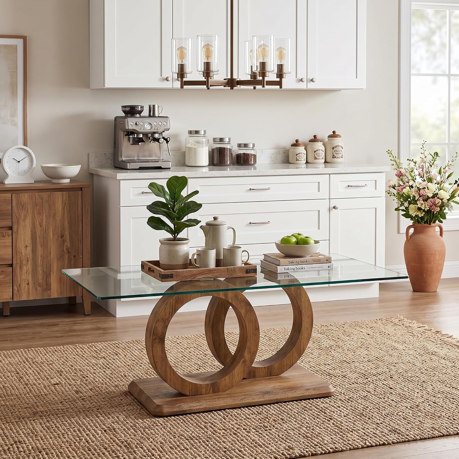 Glass Coffee Table for Living Room, Modern Tempered Glass Tabletop and MDF Legs, Small Modern Coffee Table. (Natural, Style 1)
