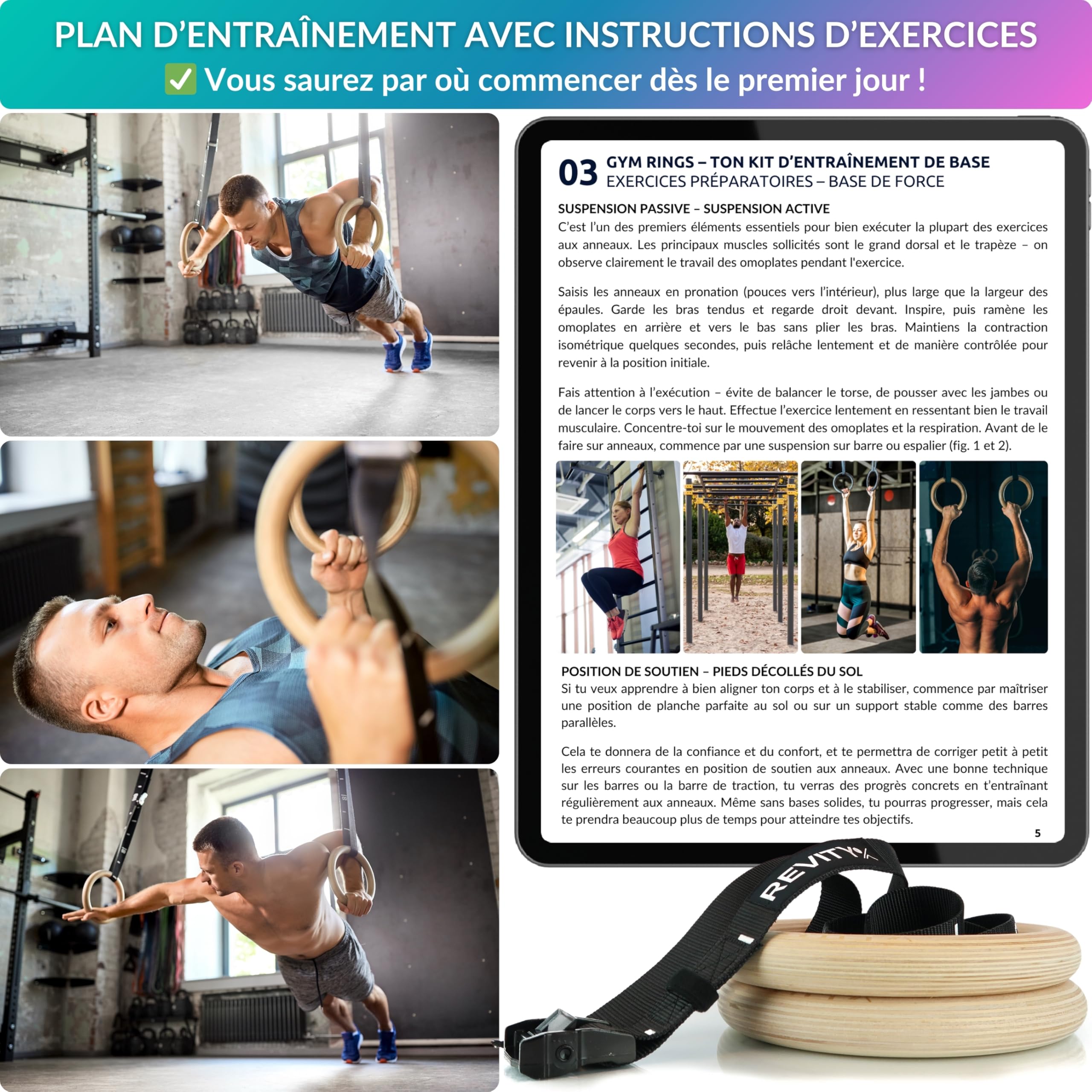 Anneaux Gymnastique en Bois - Anneaux Olympiques 32 mm pour Musculation, Crossfit et Calisthenics, 450 cm Facilement Réglables Sangles de Suspension avec Marquages, Bandes de Grip, Guide PDF