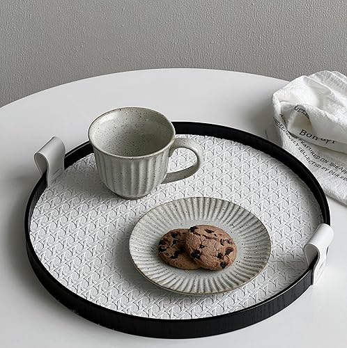 Miniatura 7 de Bandeja redonda de madera de 11.8 pulgadas con patrón de tejido de cuero, bandeja decorativa para servir con asas, bandeja otomana retro de lujo