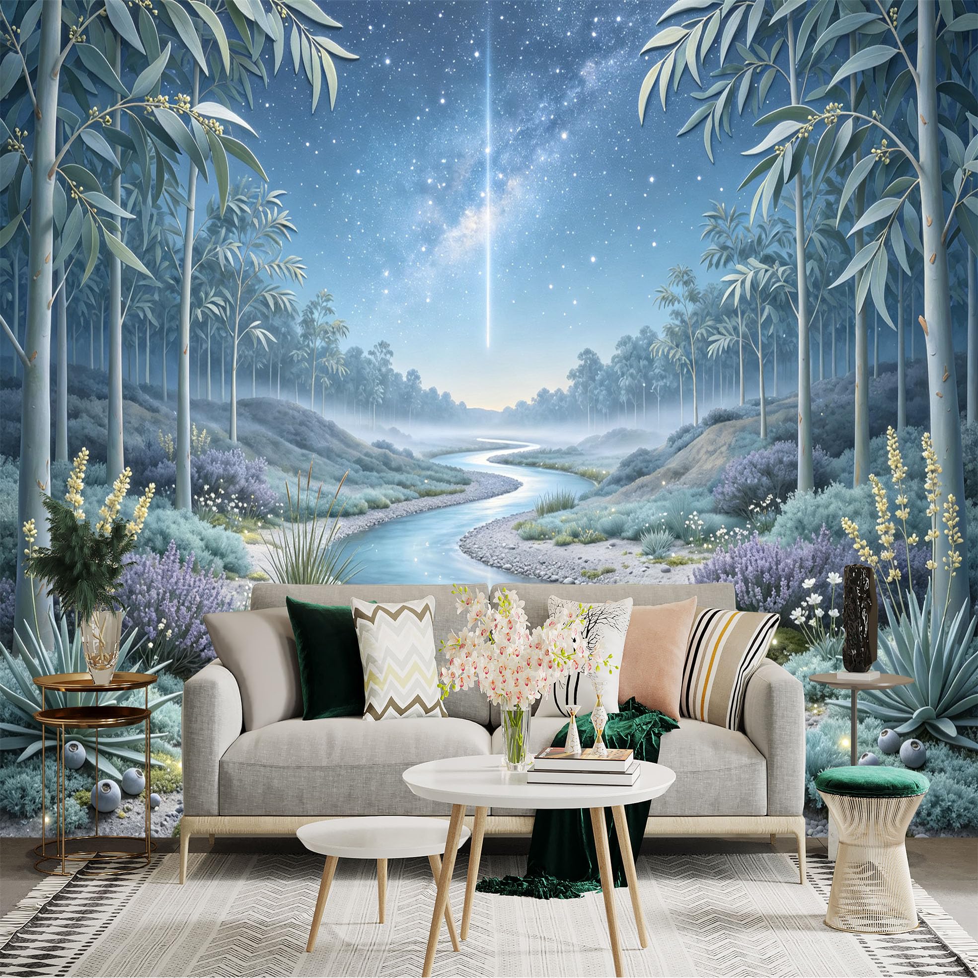 Lnzczhyre Bh260719450 Custom Size Wall Sticker Mural， Serene River Landscape， Ethereal Forest Scenery， Glowing Night Sky， For Wall Decoration， Peelandstick Wall Decals.